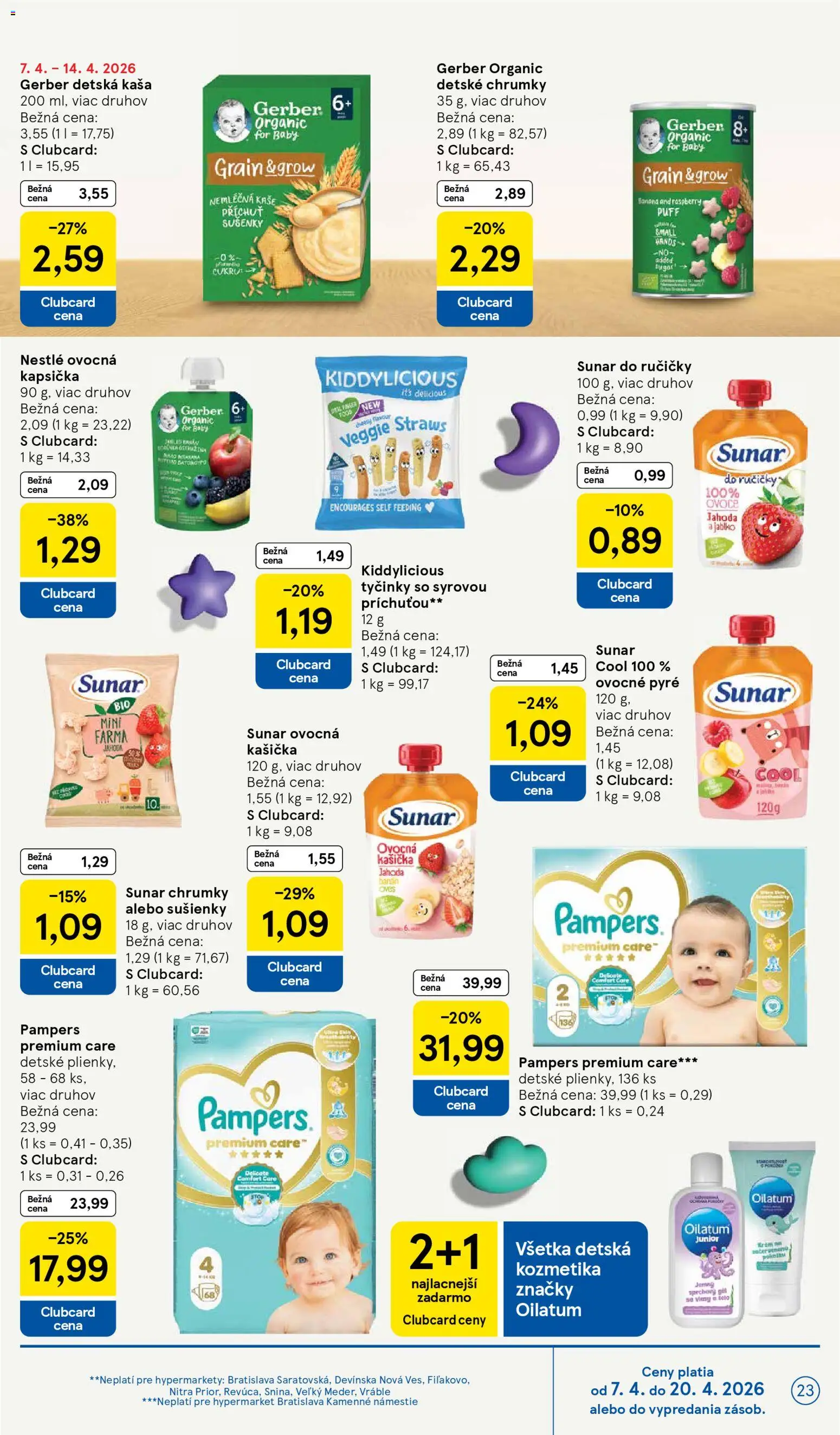 Nové Tesco akcie – leták je platný od 08.04.2026 | Strana: 23 | Produkty: Sunar, Sprchový gél, Krém, Pampers