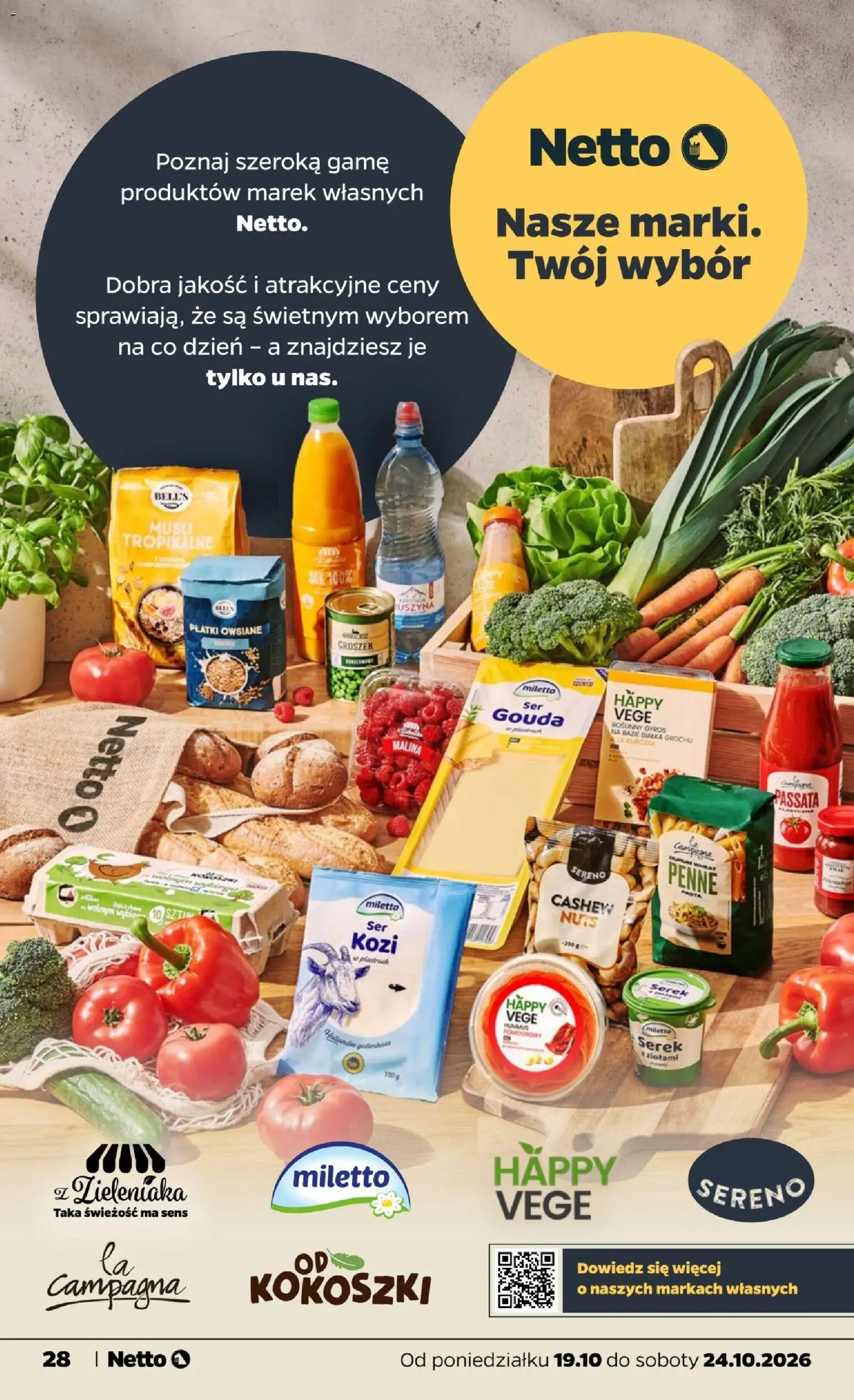 Netto gazetka od poniedziałku od 19.10.2026 | Strona: 28 | Produkty: Serek, Hummus, Pasta, Sok