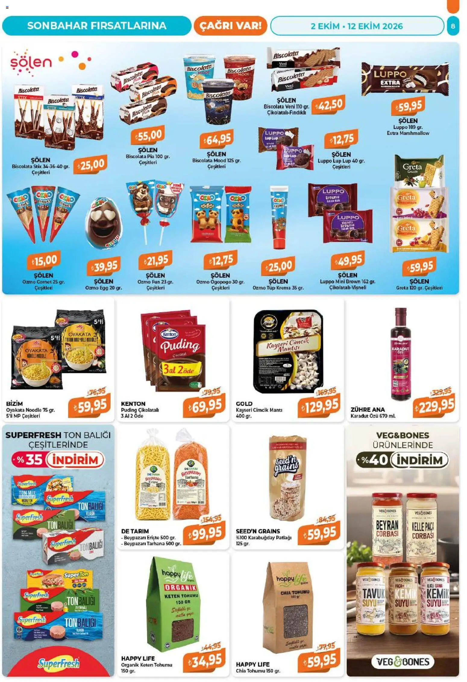 Çağrı Market - Güncel Katalog - 02 Ekim 2026 tarihinden itibaren geçerlidir | Sayfa: 8 | Ürünler: Erişte, Krema, Keten Tohumu, Ton balığı