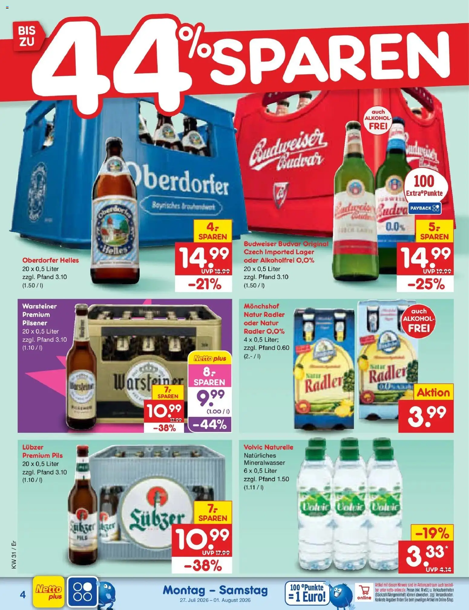 Netto Marken-Discount Prospekt Naumburg – gültig ab 27.07.2026 | Seite: 4 | Produkte: Pils, Warsteiner, Budweiser, Volvic