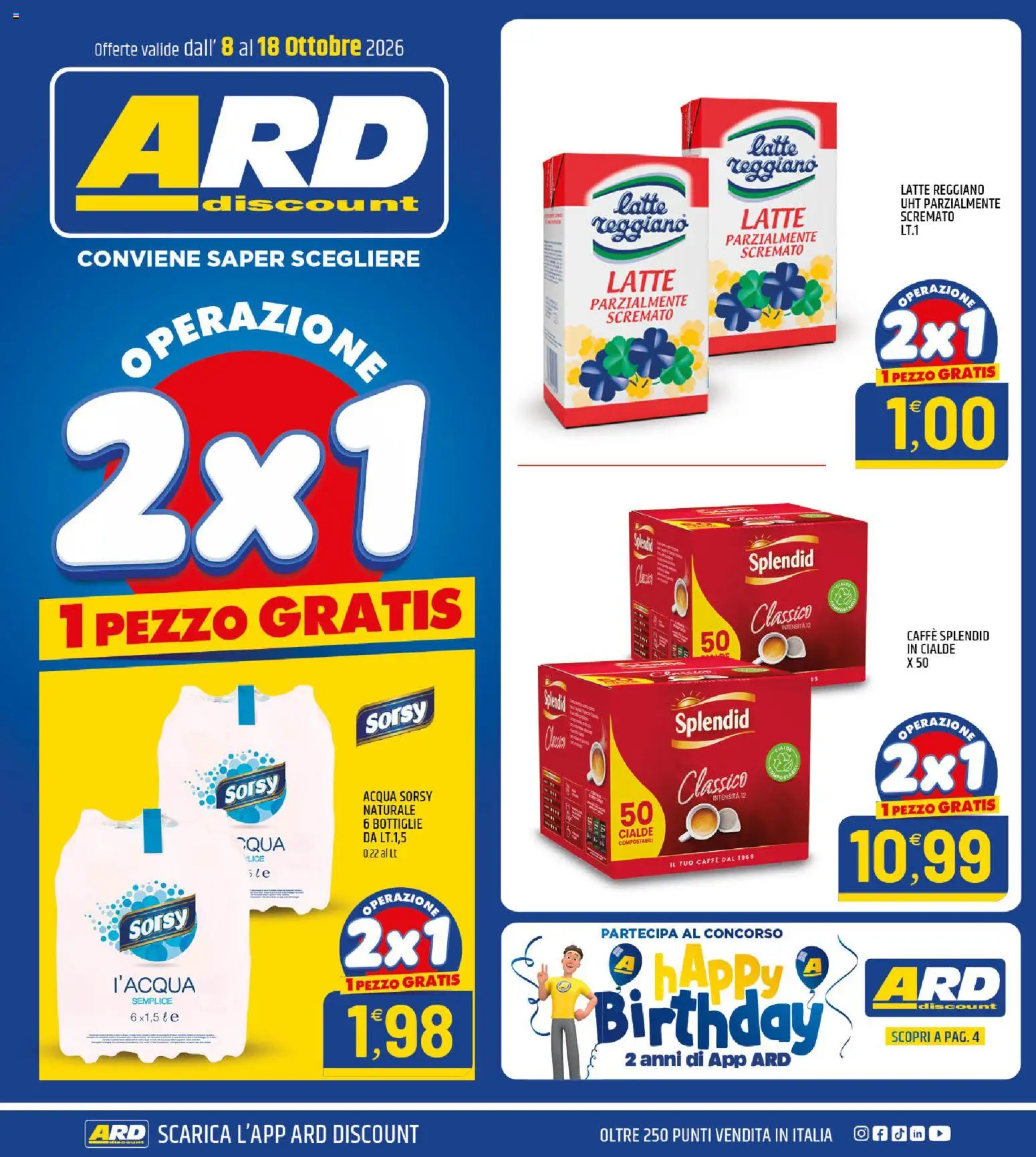 Volantino ARD Discount del 08/10/2026 | Pagina: 1 | Prodotti: Caffè, Acqua, Latte, Cialde
