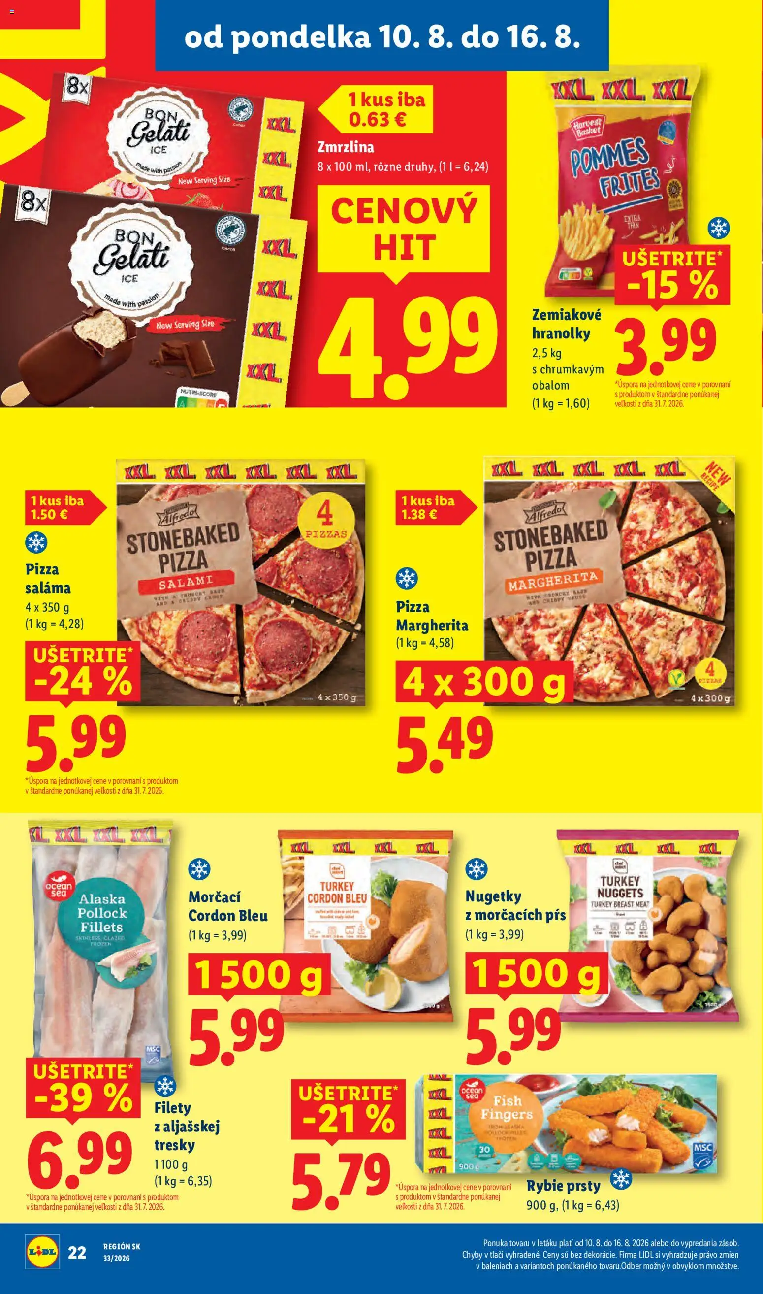 Nové Lidl akcie – leták je platný od 10.08.2026 | Strana: 26 | Produkty: Hranolky, Saláma, Rybie prsty, Zmrzlina
