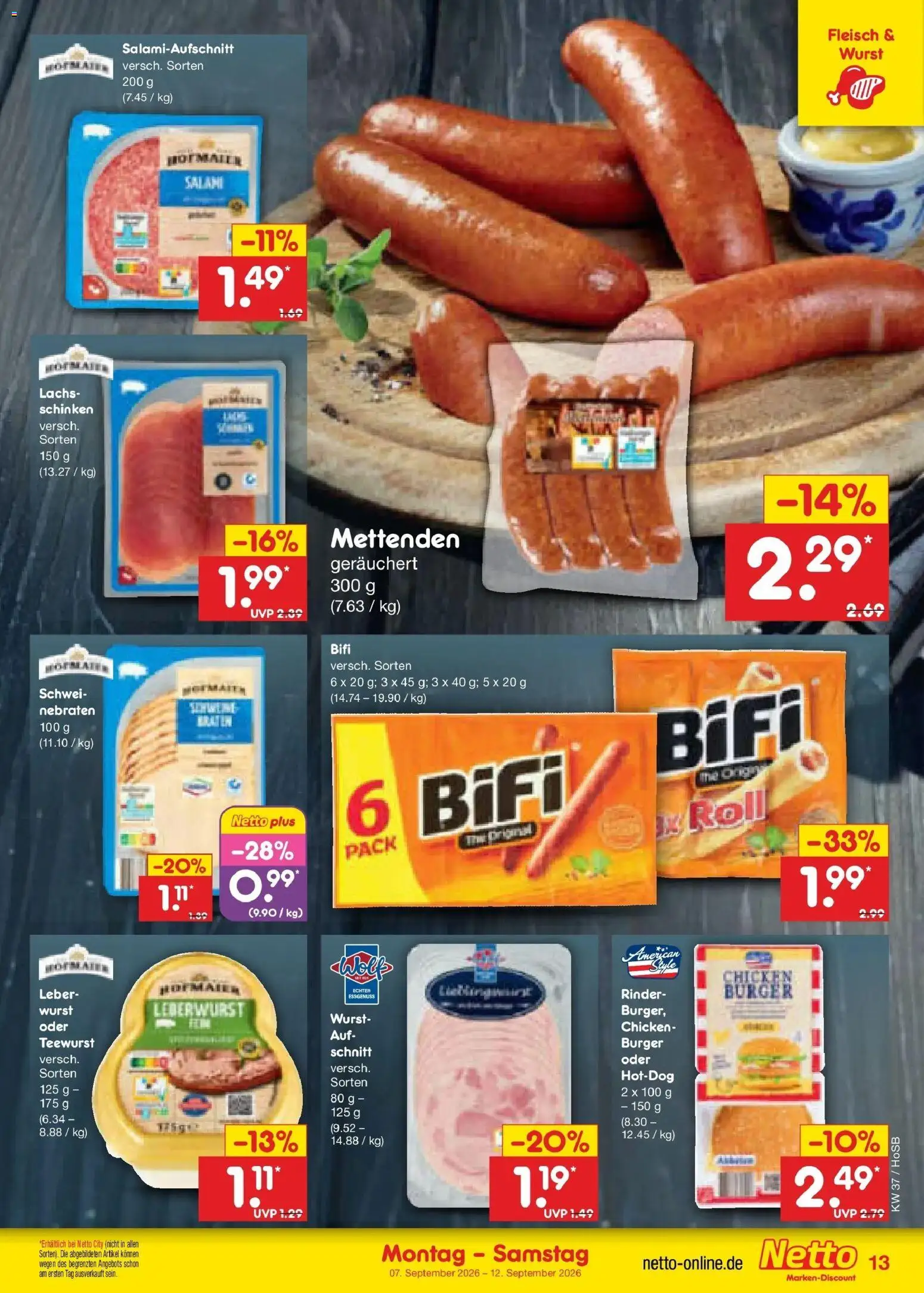 Netto Marken-Discount Prospekt Hannover – gültig ab 07.09.2026 | Seite: 19 | Produkte: Bifi, Burger, Lachs, Fleisch