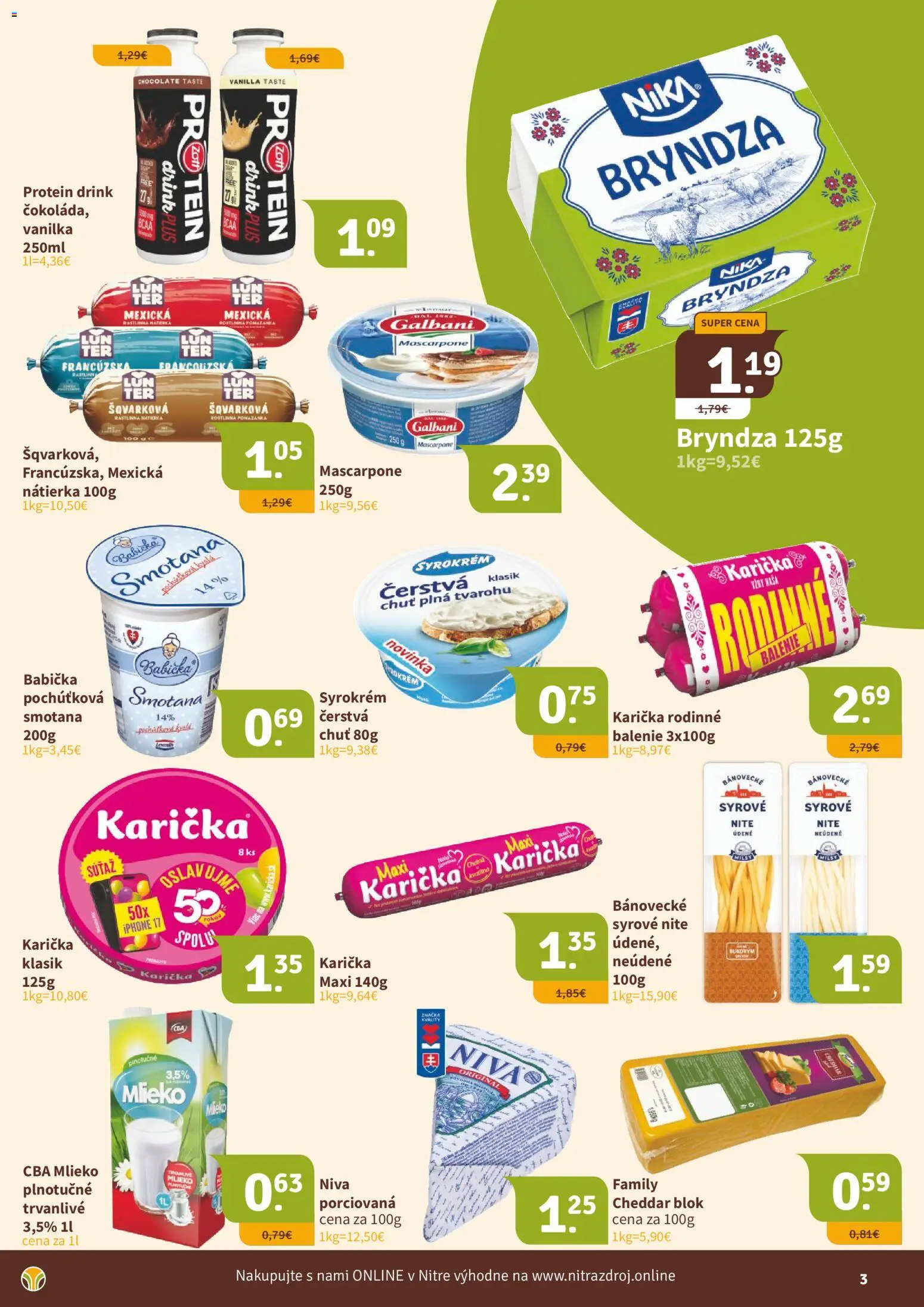 Nové Nitrazdroj akcie – leták je platný od 17.07.2026 | Strana: 3 | Produkty: Smotana, Bryndza, Iphone, Mascarpone