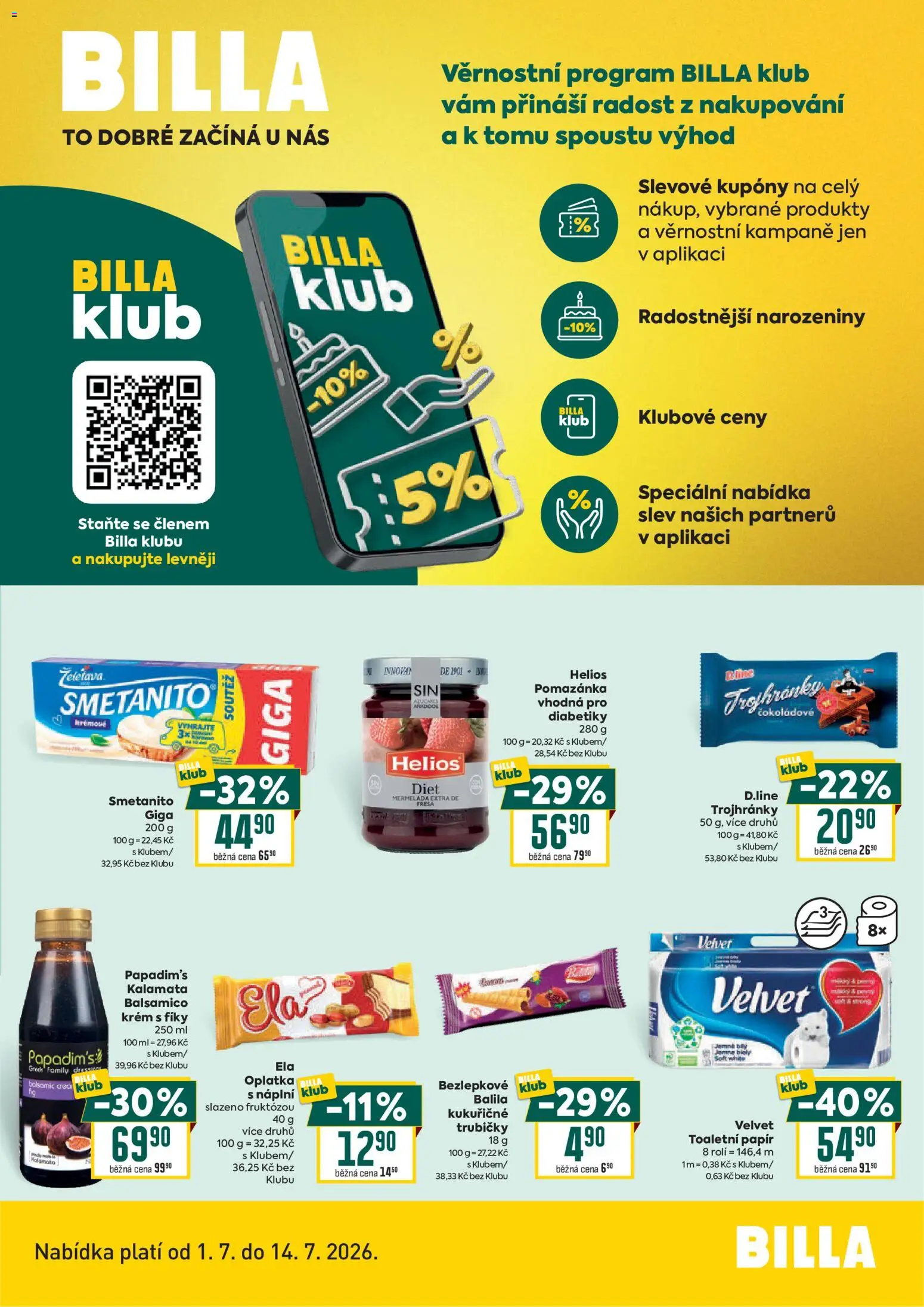 Billa leták - Bonus club od 01.07.2026 | Strana: 1 | Produkty: Krém, Toaletní papír, Velvet, Balsamico
