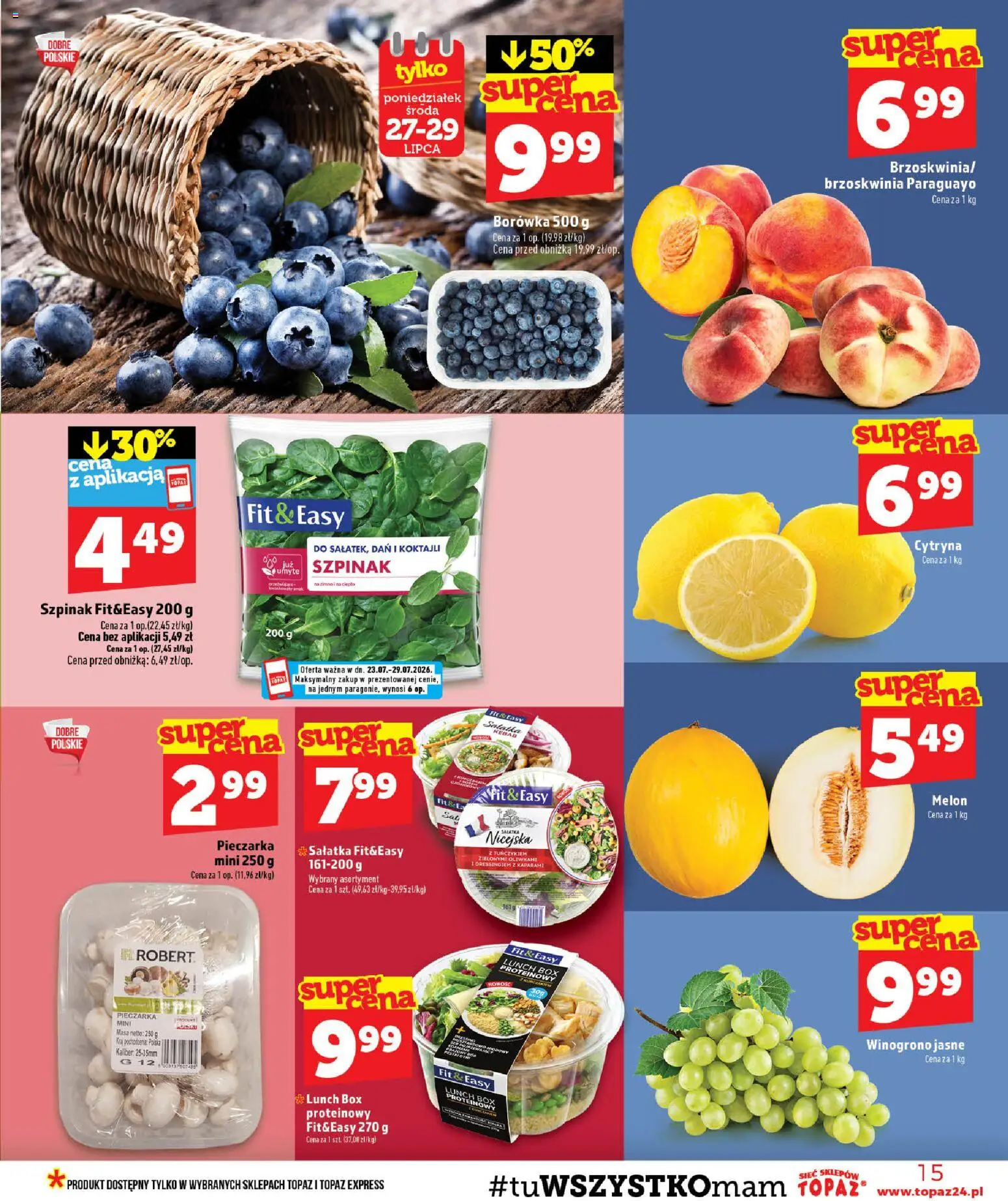 Topaz gazetka - MAZ od 23.07.2026 | Strona: 15 | Produkty: Cytryna, Winogrono, Kebab, Szpinak
