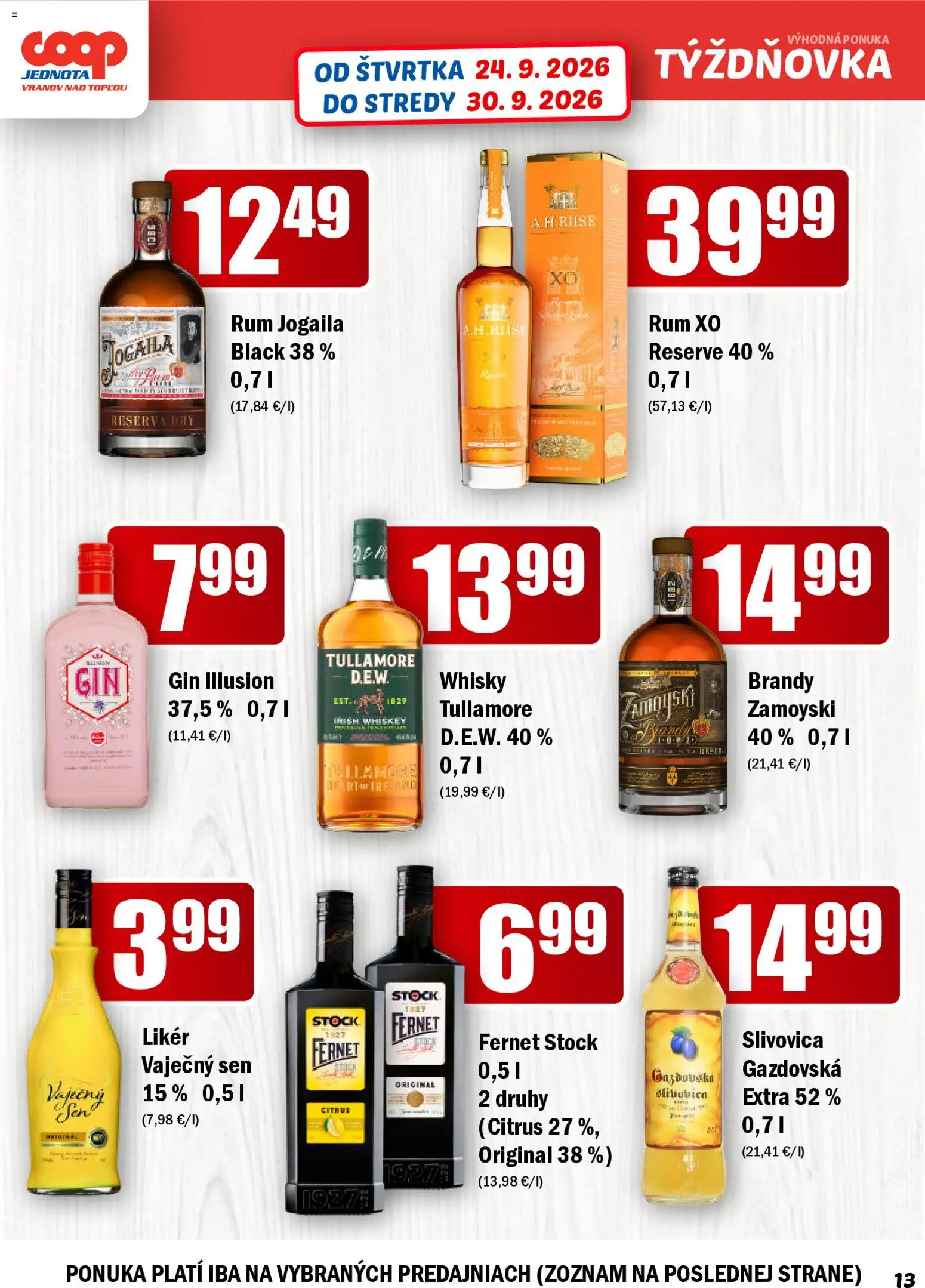 Nové COOP Jednota akcie – leták je platný od 24.09.2026 | Strana: 13 | Produkty: Gin, Whisky, Rum, Vaječný sen