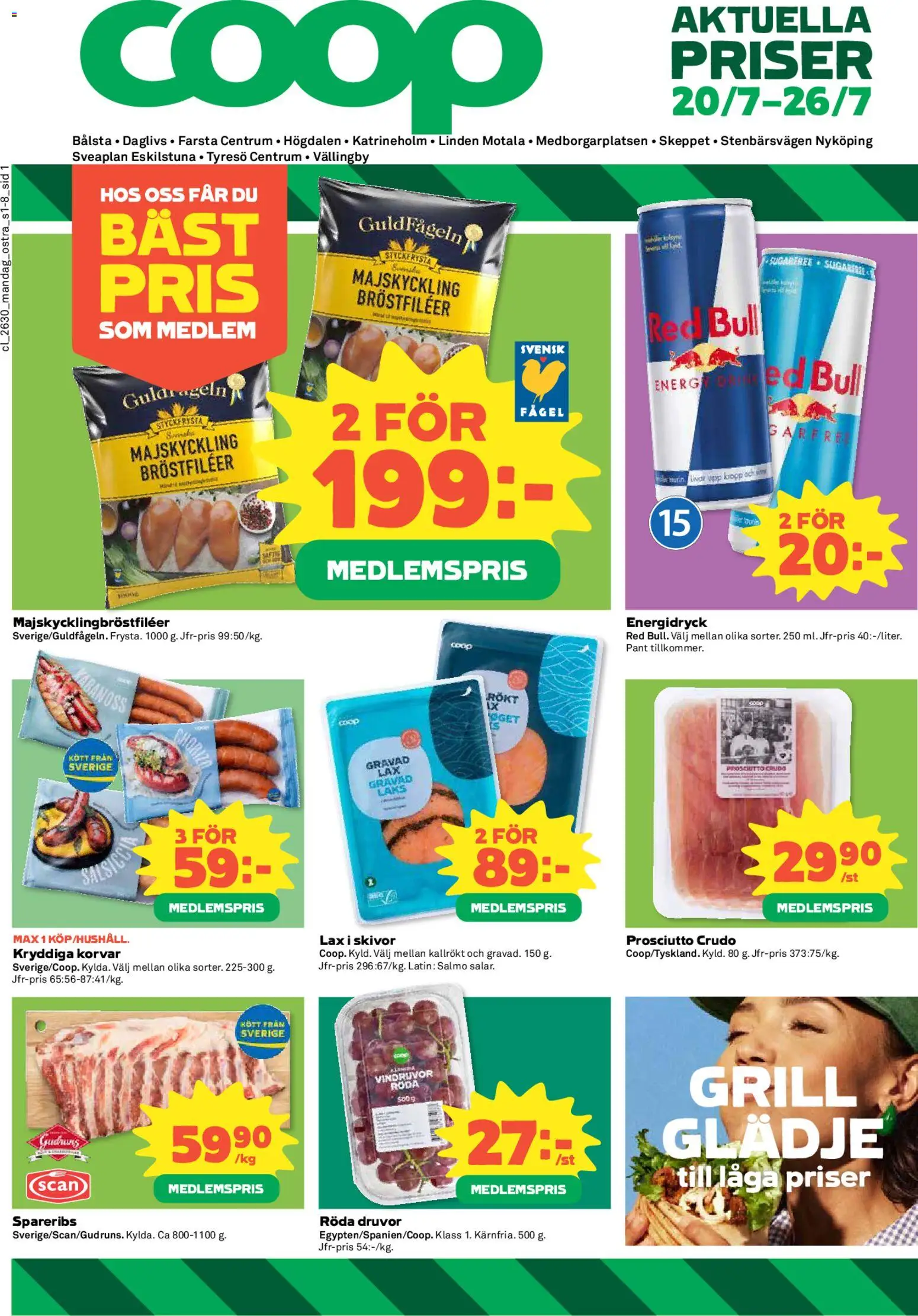 Coop Daglivs reklamblad aktuell från 20/07/2026 | Sida: 1 | Produkter: Grill, Red bull, Vindruvor, Lax