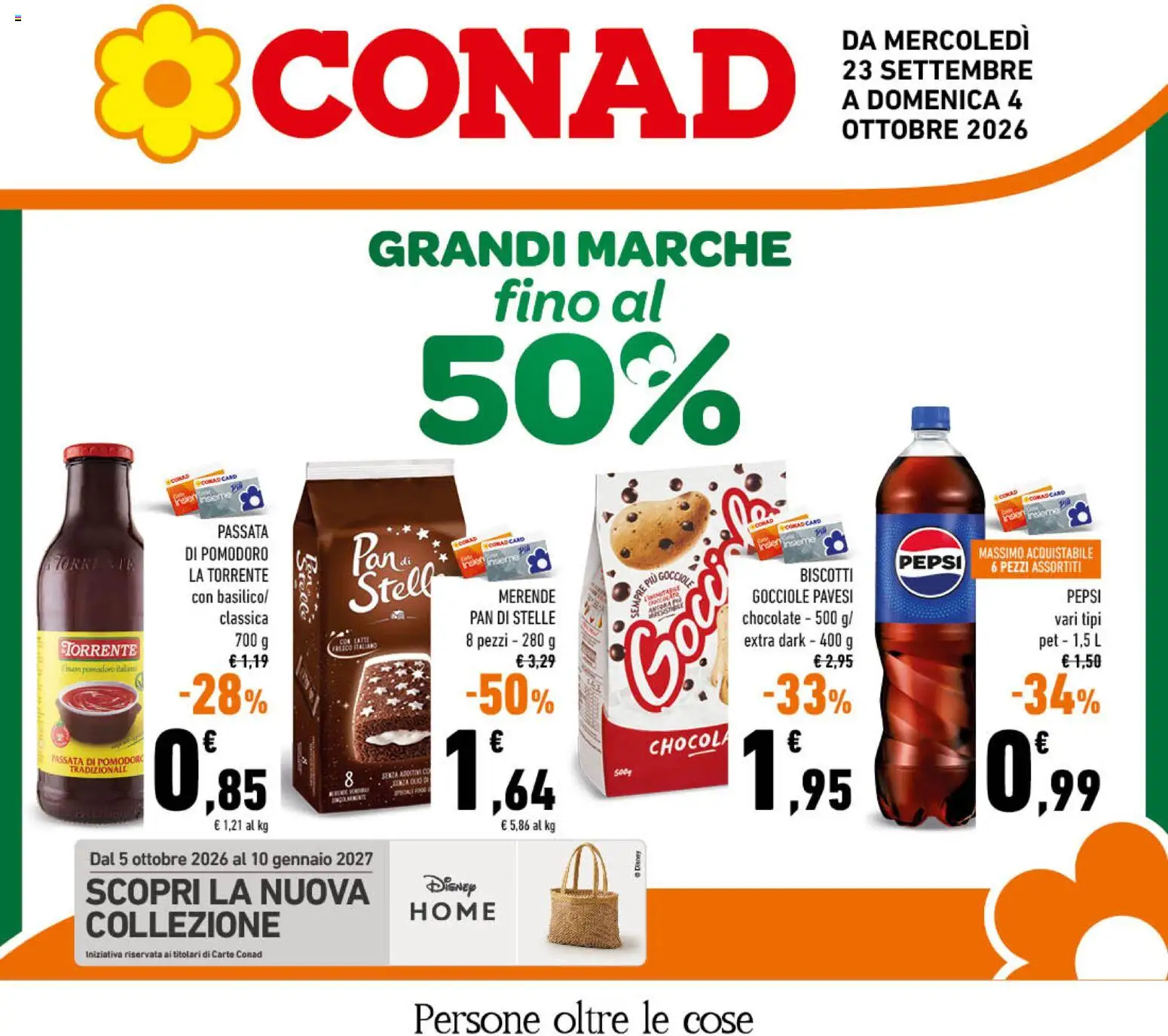 Volantino Conad del 23/09/2026 | Pagina: 1 | Prodotti: Biscotti, Pomodoro, Passata di pomodoro, Pepsi