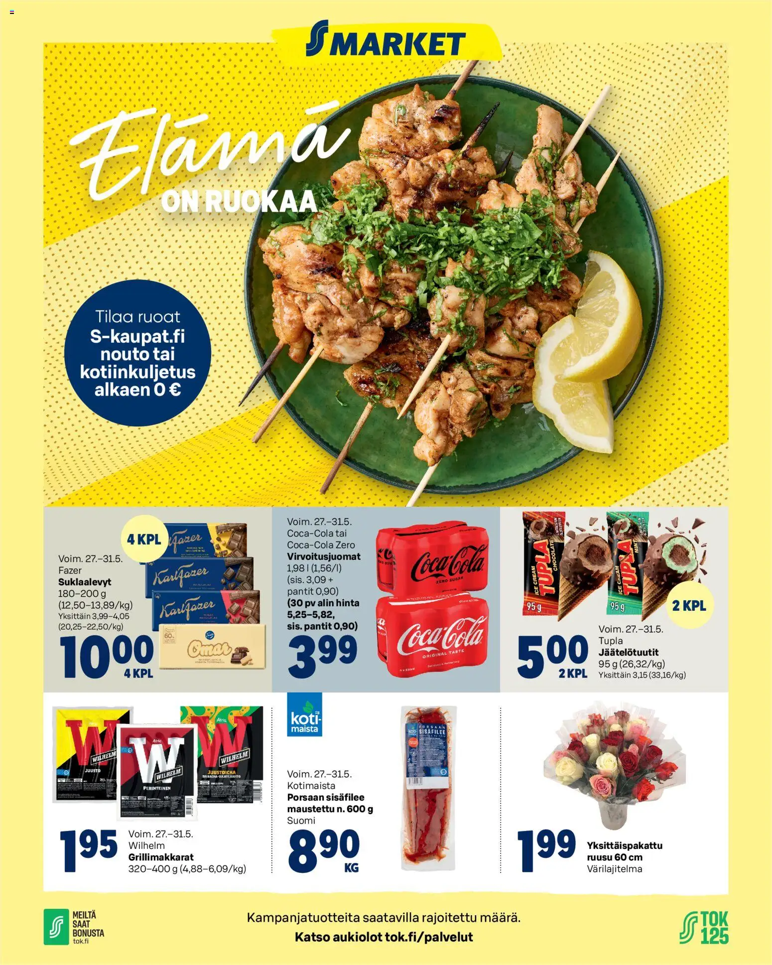 S-market tarjoukset - Elämä on ruokaa – voimassa 27.05.2026 alkaen | Sivu: 1 | Tuotteet: Virvoitusjuomat, Suklaalevyt, Juusto, Porsaan sisäfilee