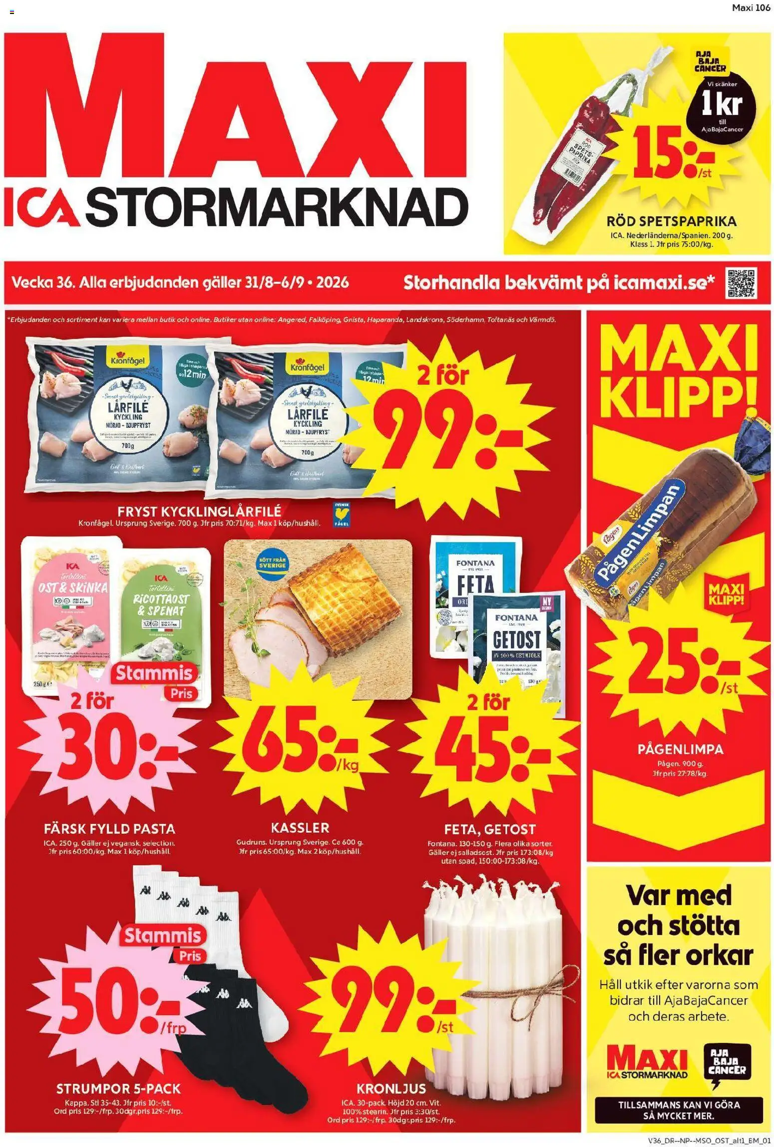 ICA Maxi reklamblad aktuell från 31/08/2026 | Sida: 1 | Produkter: Kassler, Spenat, Kyckling, Häll