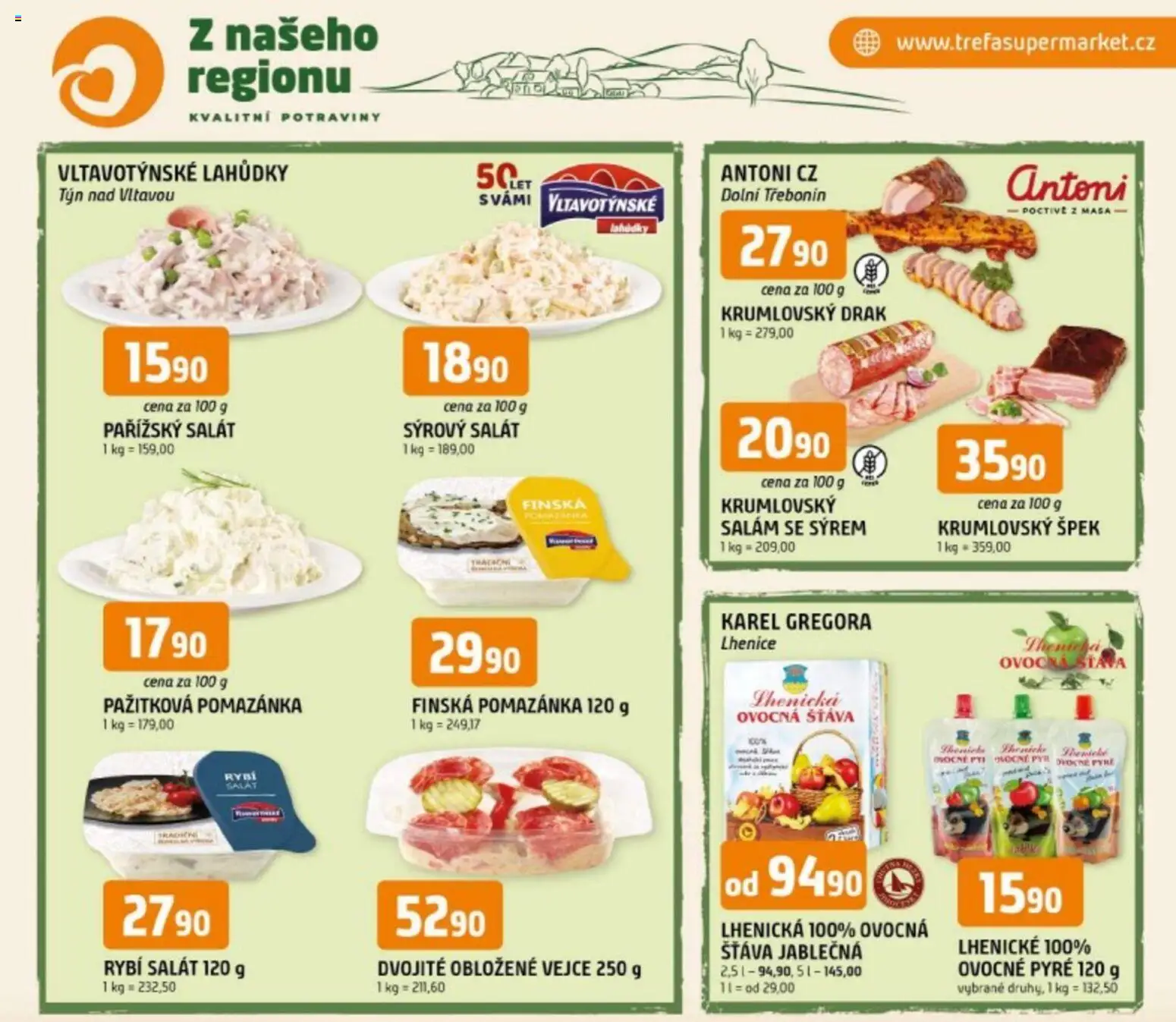 Trefa leták - Z našeho regionu kvalitní potraviny od 23.09.2026 | Strana: 1 | Produkty: Salám, Rybí salát, Pomazánka, Šťáva