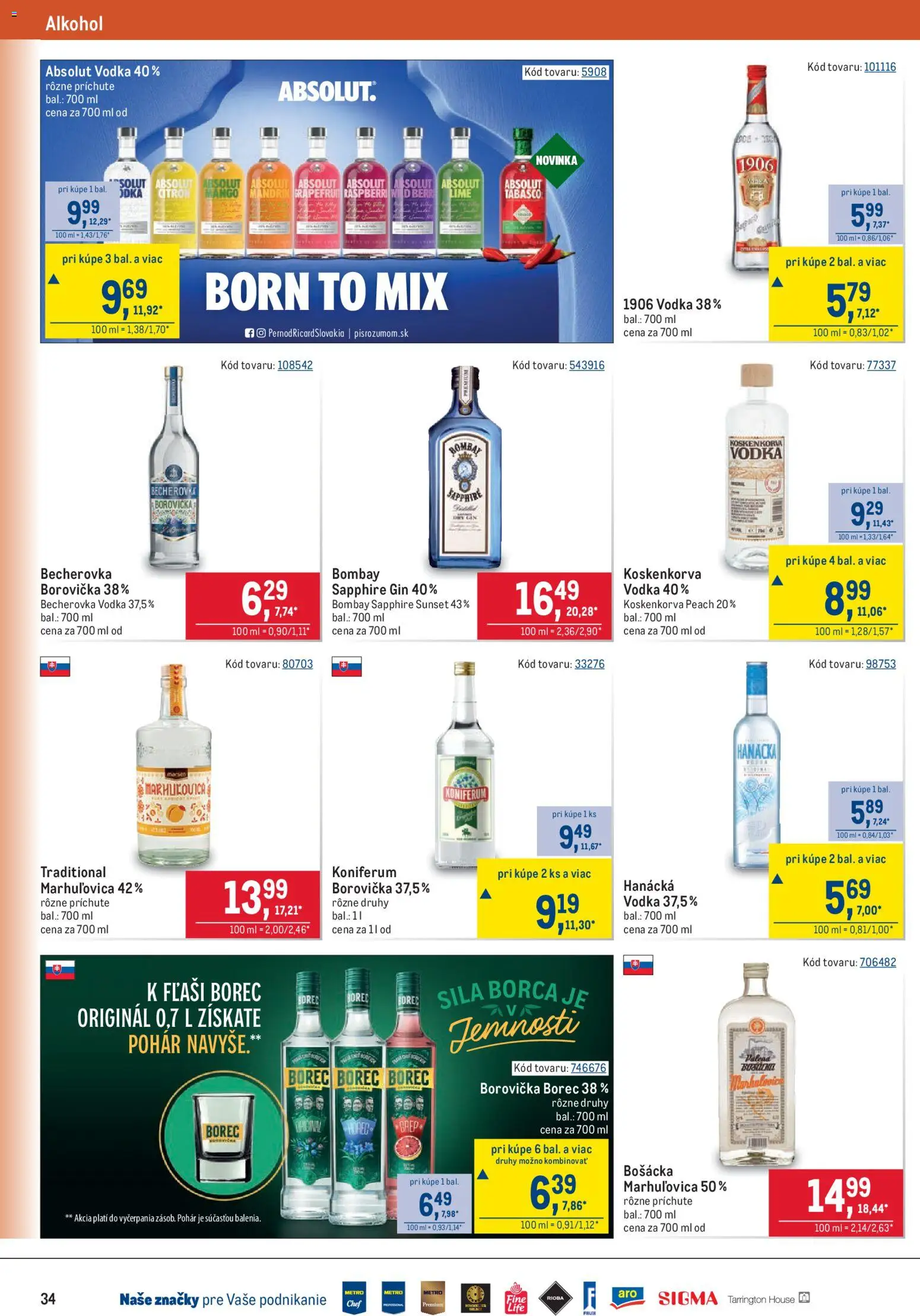 Nové Metro akcie – leták je platný od 07.10.2026 | Strana: 34 | Produkty: Borovička, Bombay Sapphire, Absolut vodka, Alkohol