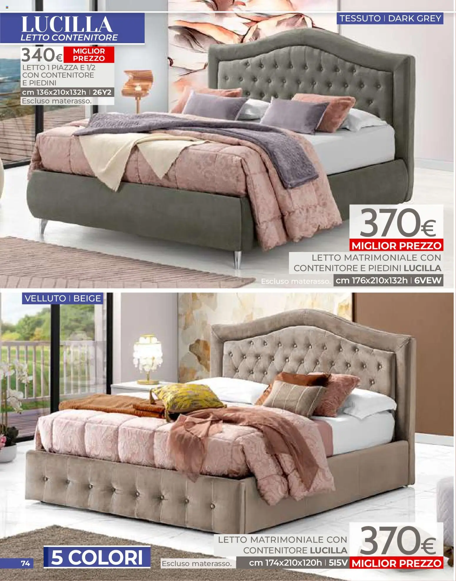 Volantino Mondo Convenienza del 01/07/2026 | Pagina: 74 | Prodotti: Letto matrimoniale, Letto contenitore, Contenitore, Letto