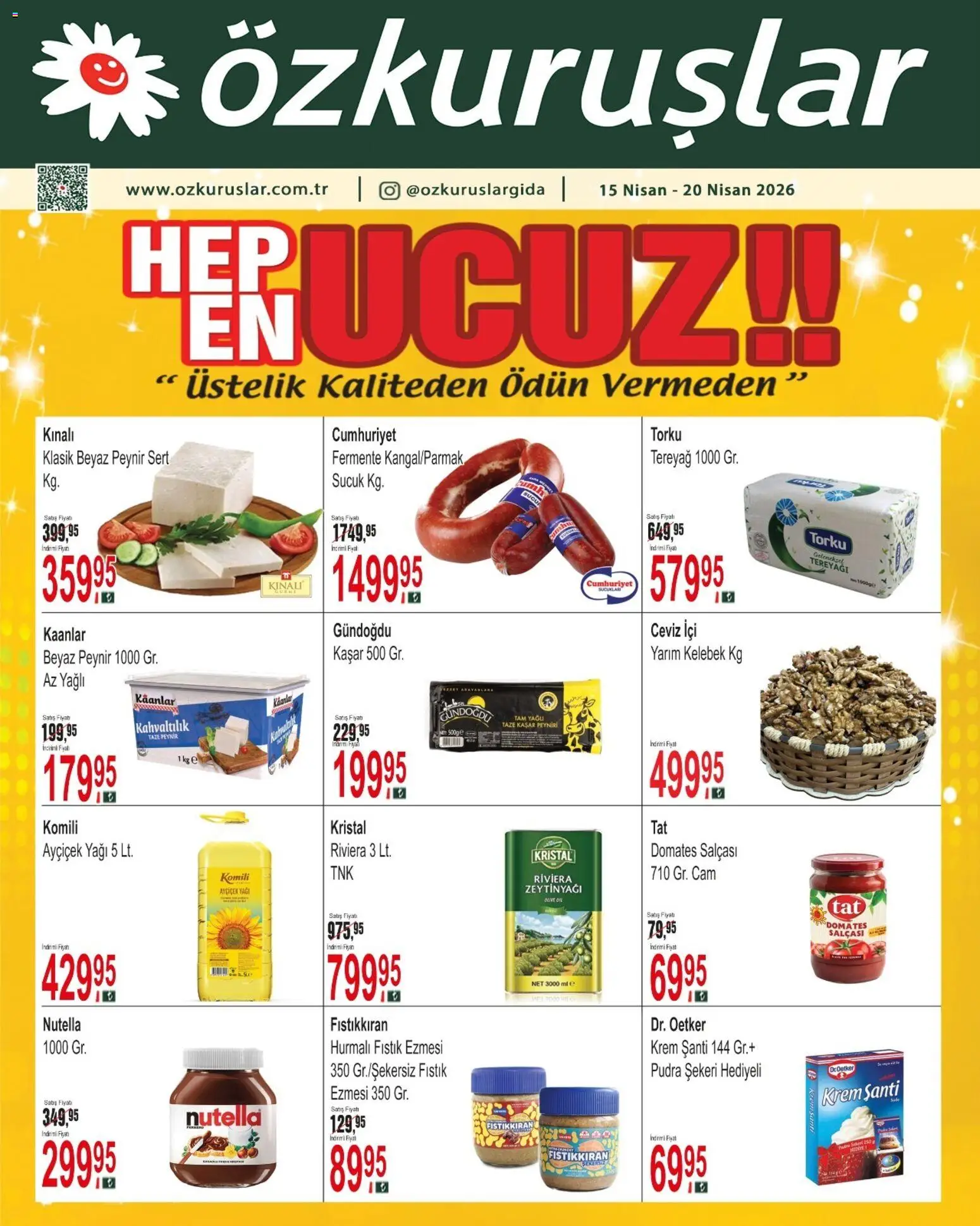 Özkuruşlar Katalog - 15.04.2026 tarihinden itibaren geçerlidir | Sayfa: 1 | Ürünler: Fıstık, Peynir, Domates, Sucuk