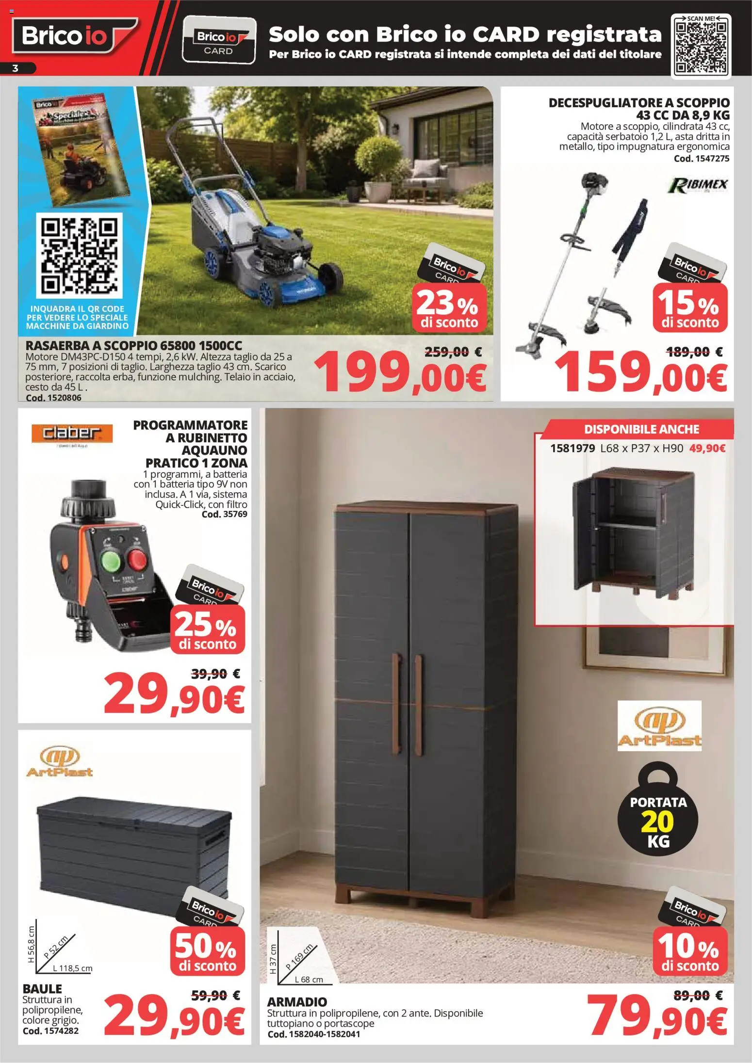 Volantino Brico io del 04.06.2026 | Pagina: 3 | Prodotti: Rasaerba, Decespugliatore, Baule, Batteria