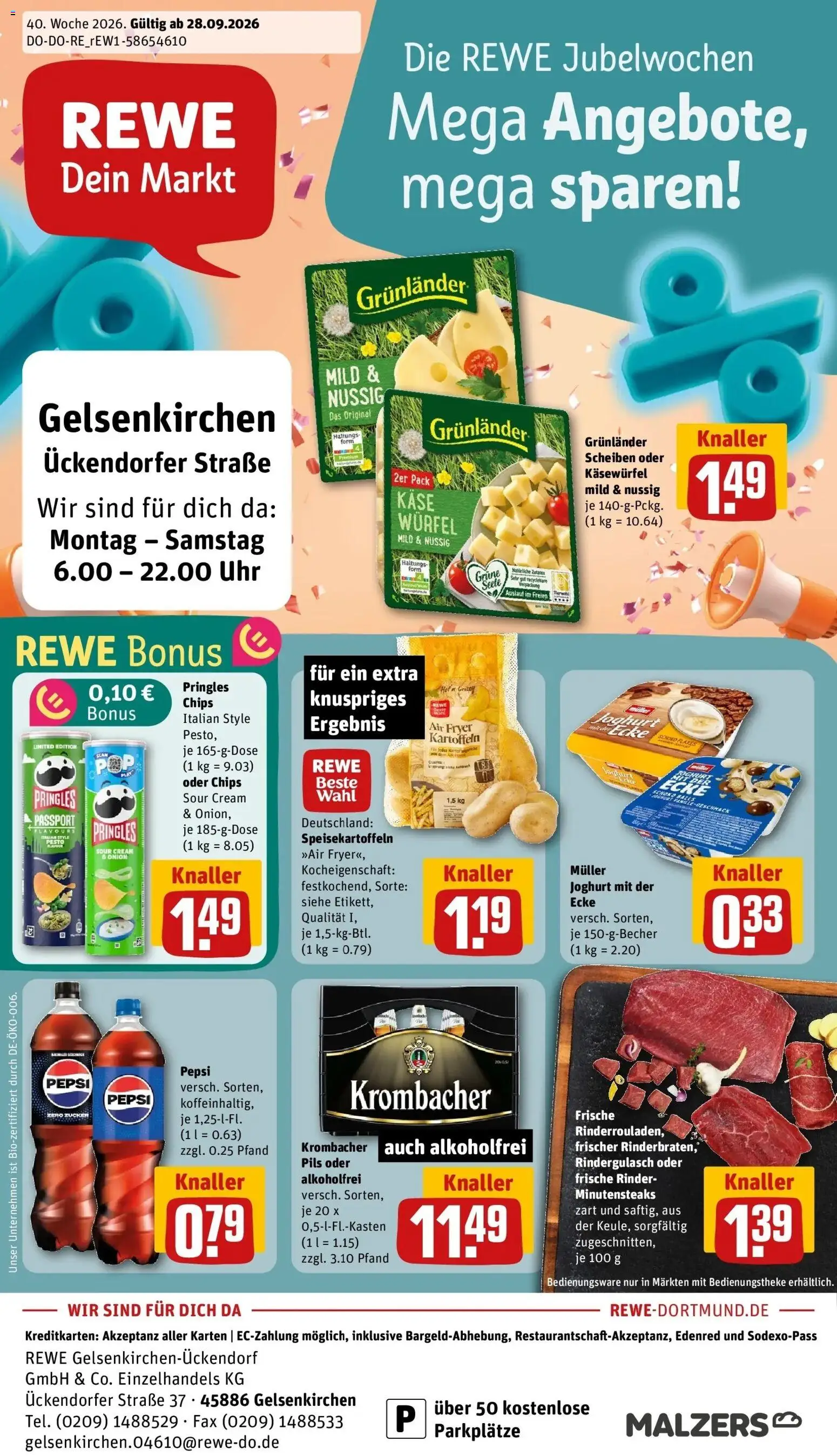 REWE Prospekt ab 28.09.2026 zum Blättern » Angebote | Seite: 1 | Produkte: Rindergulasch, Käse, Joghurt, Pepsi