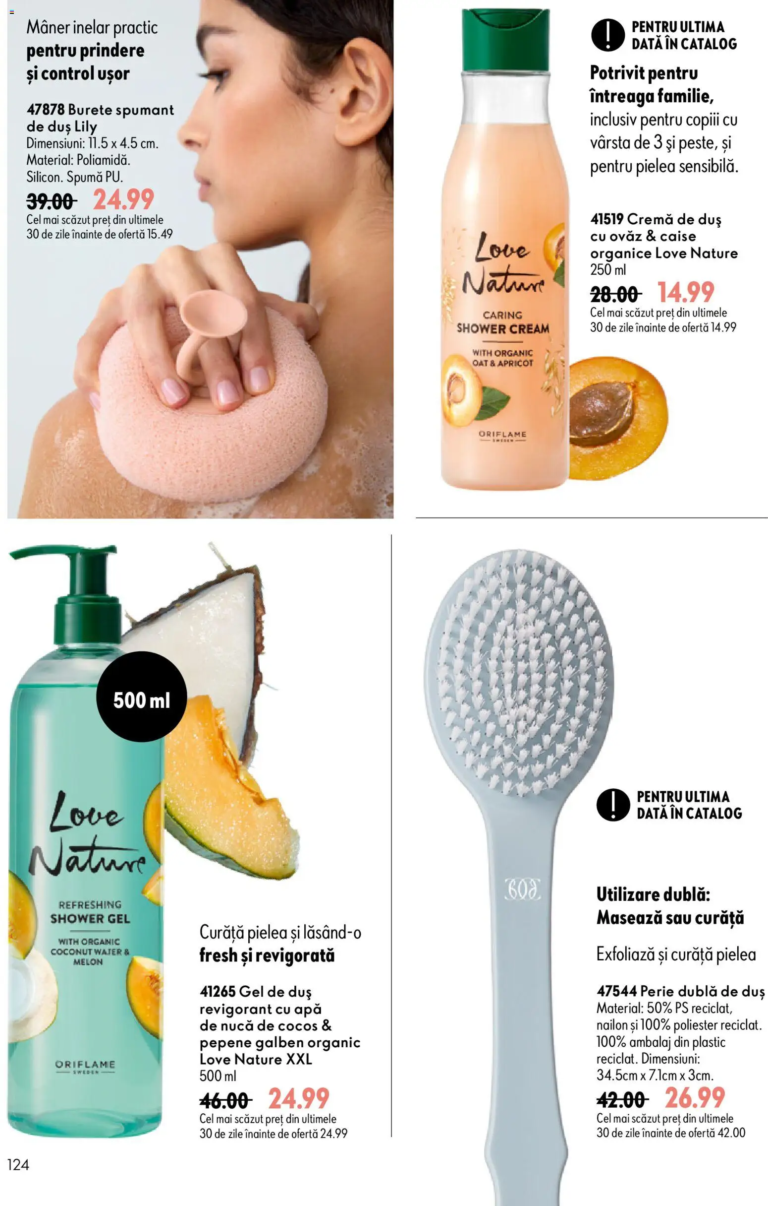 Noul catalog Oriflame – valabil de la 09.09.2026 | Pagină: 124 | Produse: Burete, Gel de duș, Caise, Apă