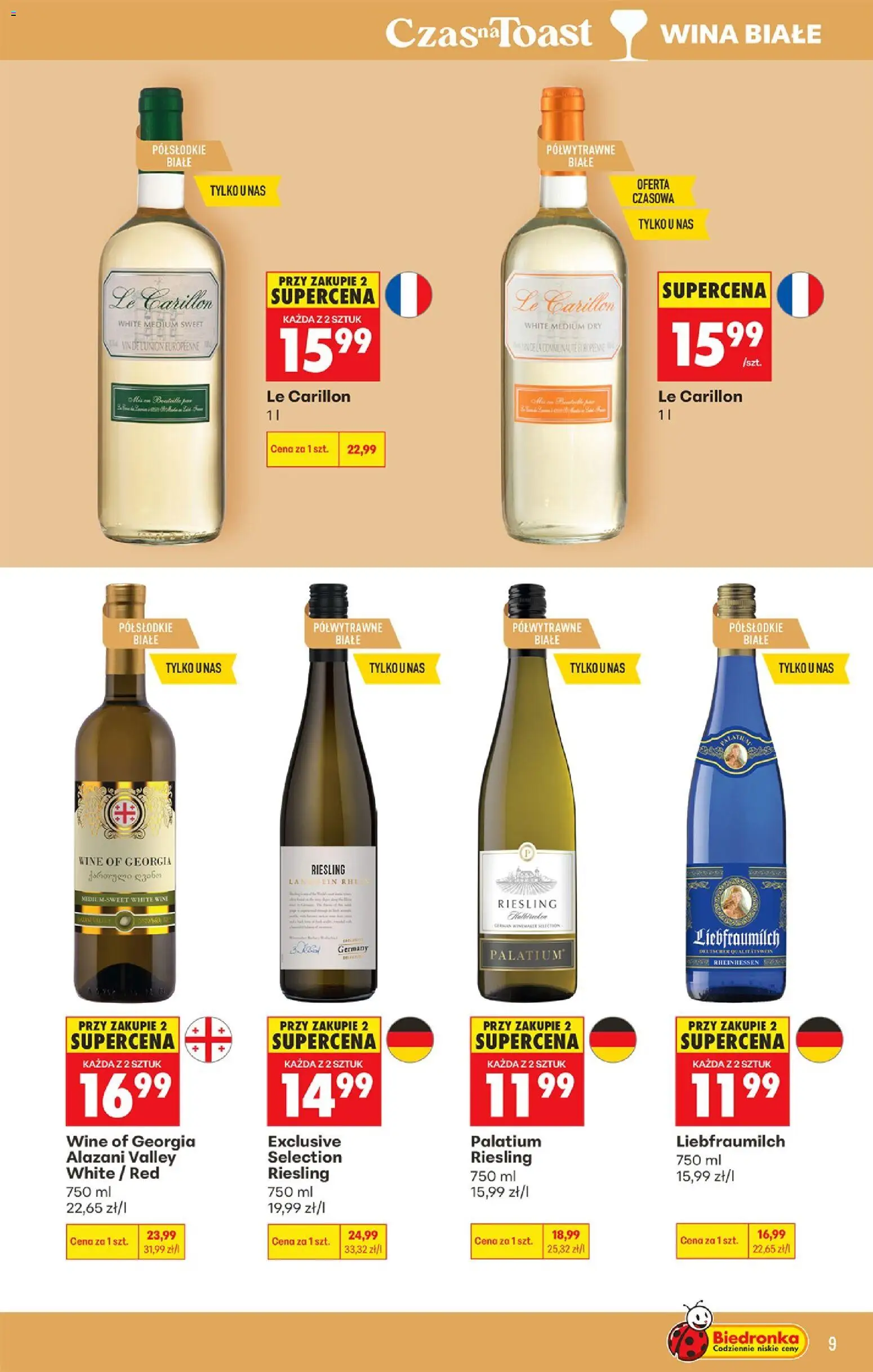 Biedronka gazetka - Czas na toast od 13.07.2026 | Strona: 9 | Produkty: Riesling, Alazani Valley