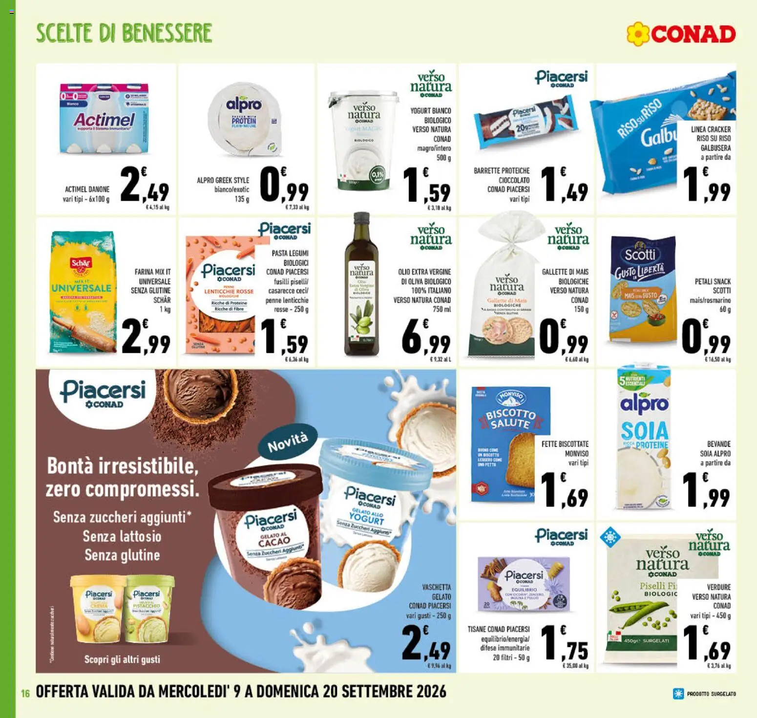 Volantino Conad del 09/09/2026 | Pagina: 16 | Prodotti: Gelato, Bevande, Cacao, Penne