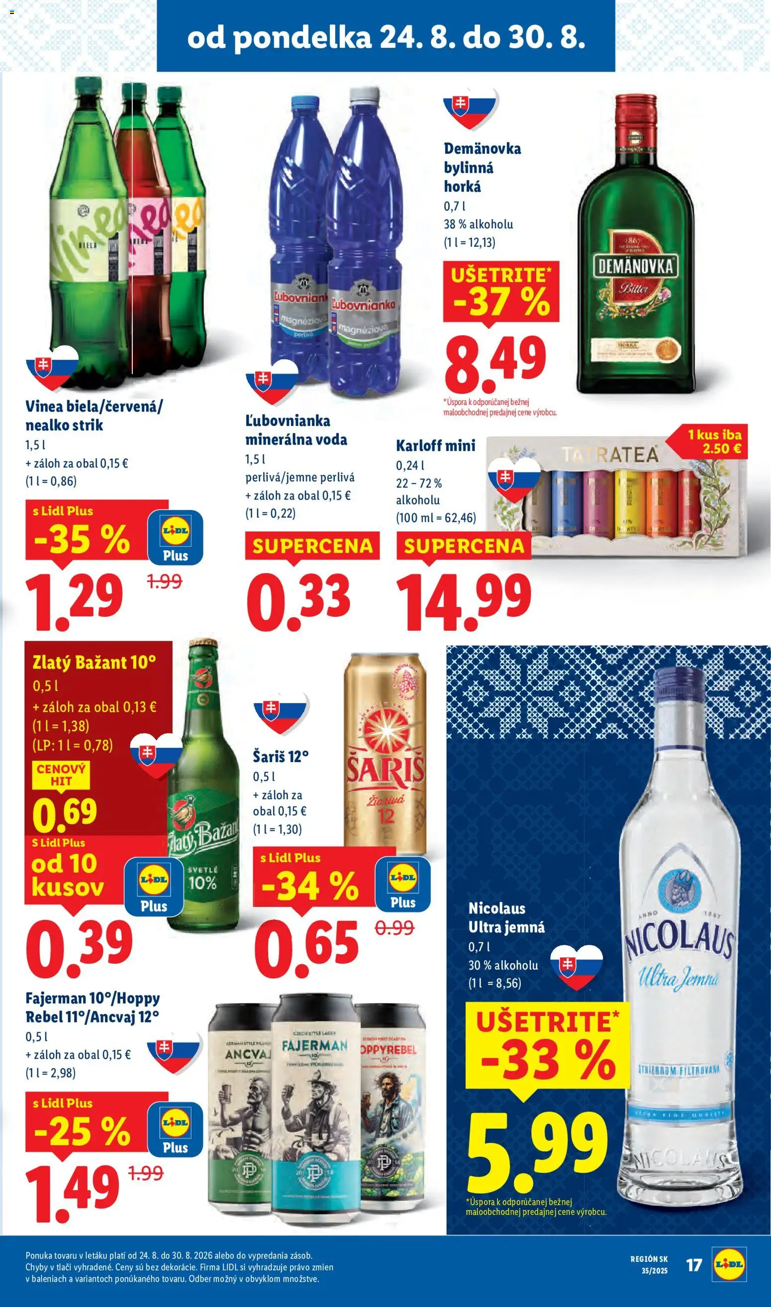 Nové Lidl akcie – leták je platný od 24.08.2026 | Strana: 21 | Produkty: Zlatý Bažant, Voda, Minerálna voda, Vinea