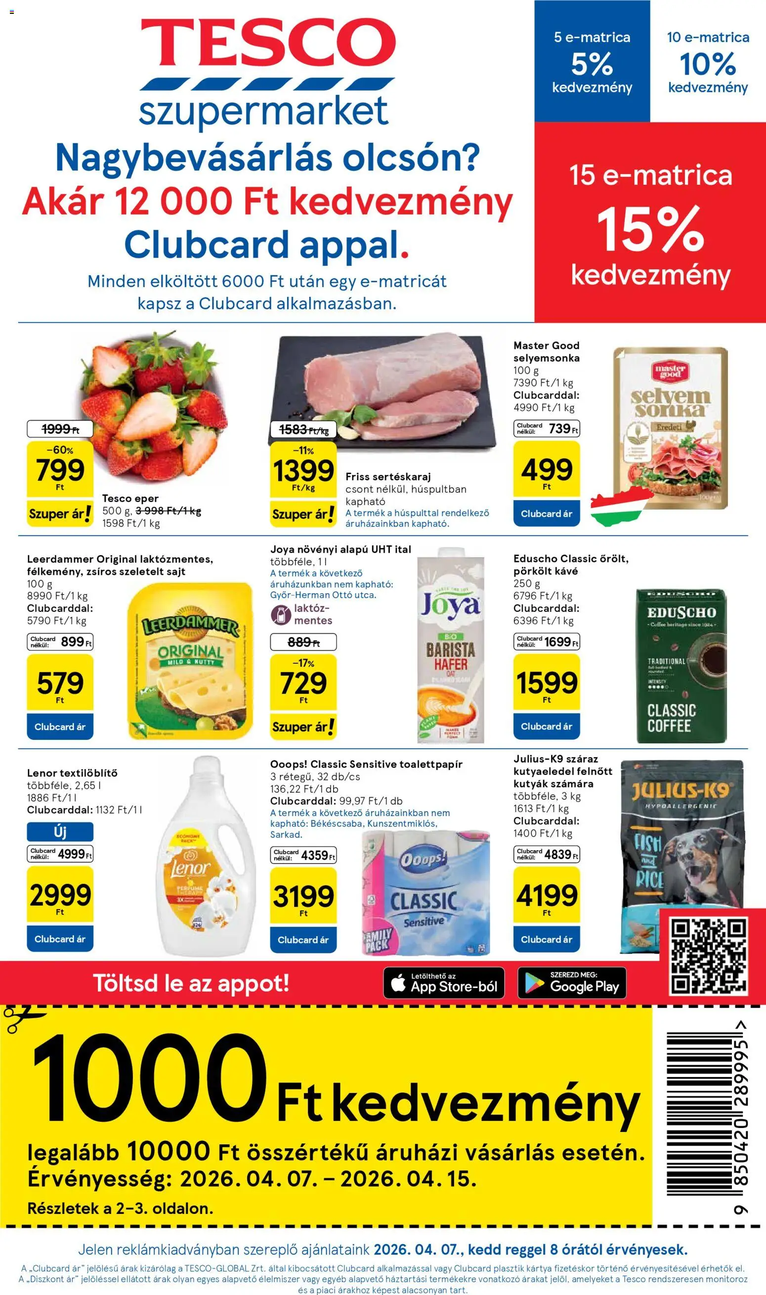 Tesco akciós ujság - amely érvényes a következő dátumtól: 07.04.2026 | Oldal: 1 | Termékek: Sonka, Sajt, Kávé, Eper