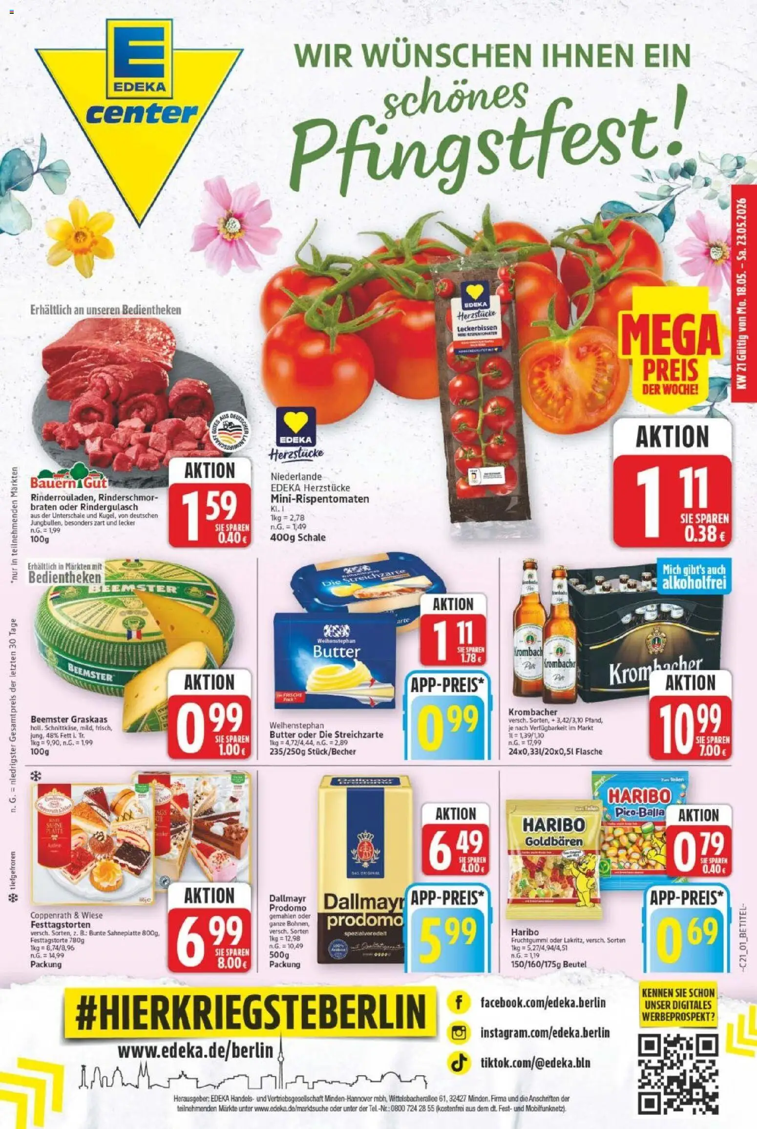 E center Prospekt 	 – gültig ab 18.05.2026 | Seite: 1 | Produkte: Rindergulasch, Haribo, Weihenstephan butter, Dallmayr
