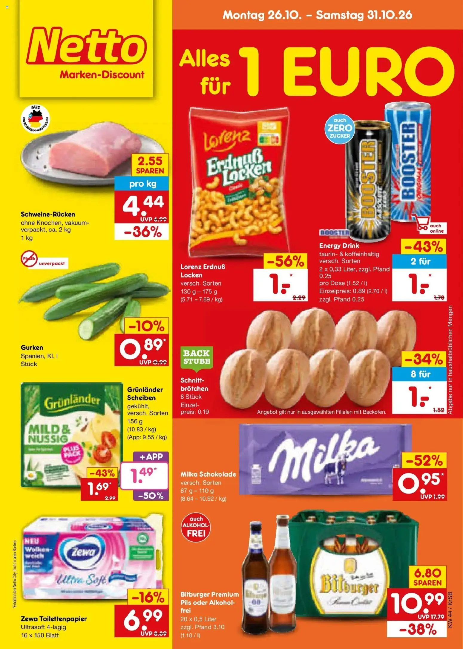 Netto Marken-Discount Prospekt Baesweiler – gültig ab 26.10.2026 | Seite: 1 | Produkte: Bitburger, Milka schokolade, Zewa, Zucker
