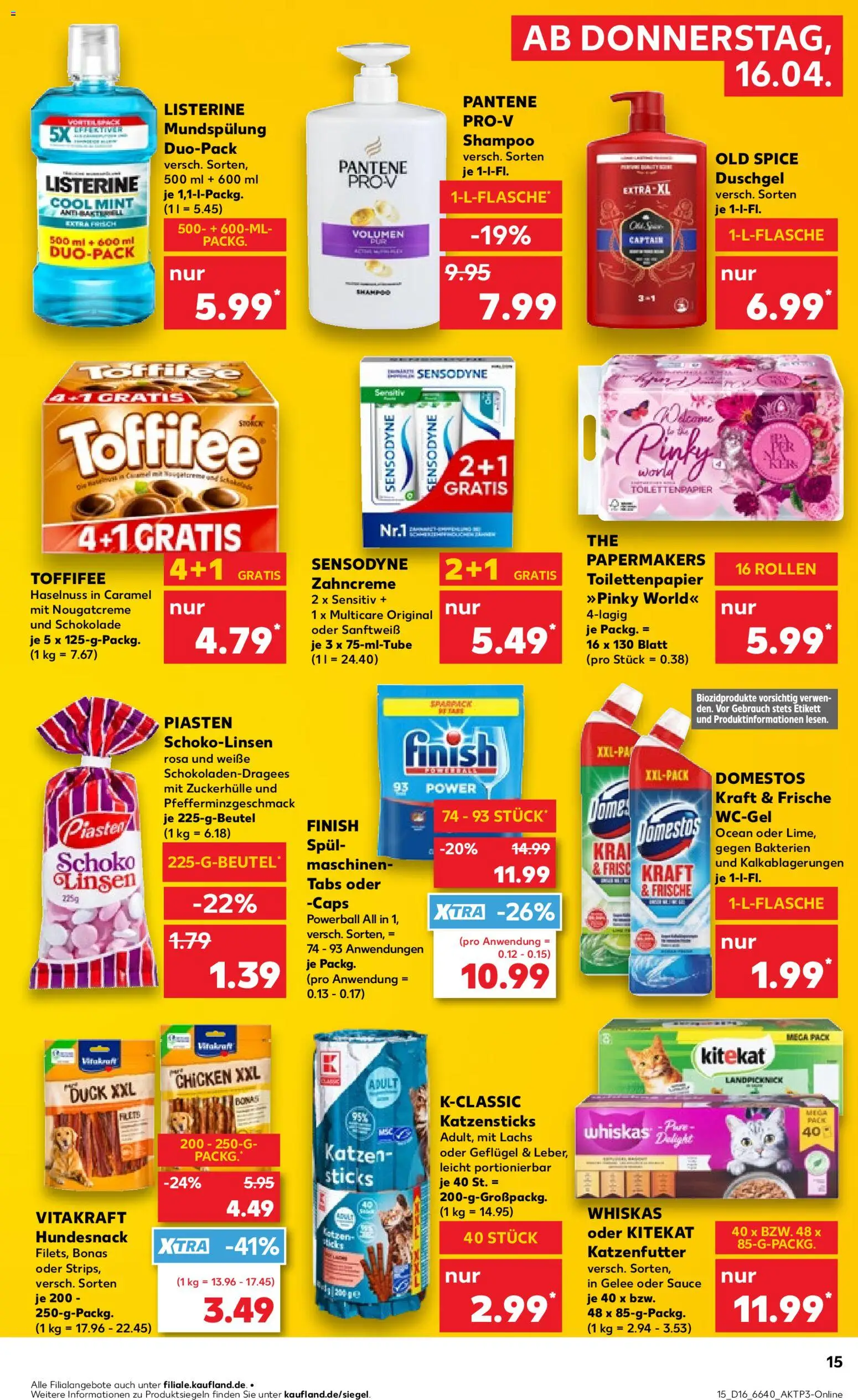 Kaufland Německo leták od 16.04.2026 | Strana: 15 | Produkty: Finish, Whiskas, Listerine, Domestos