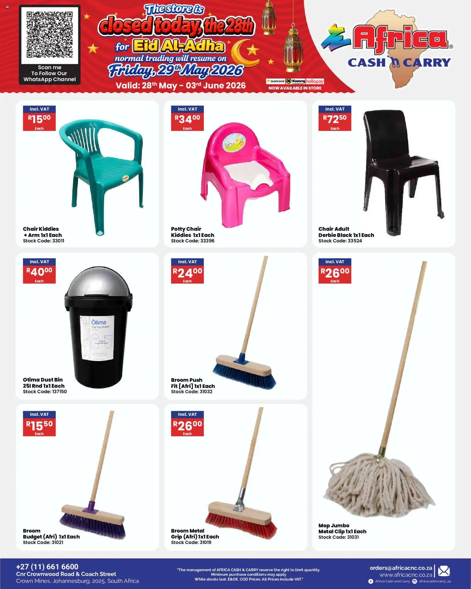 New Africa Cash & Carry catalogue – valid from 28.05.2026 | Page: 48 | Products: Chair, Broom, Mop, Stock