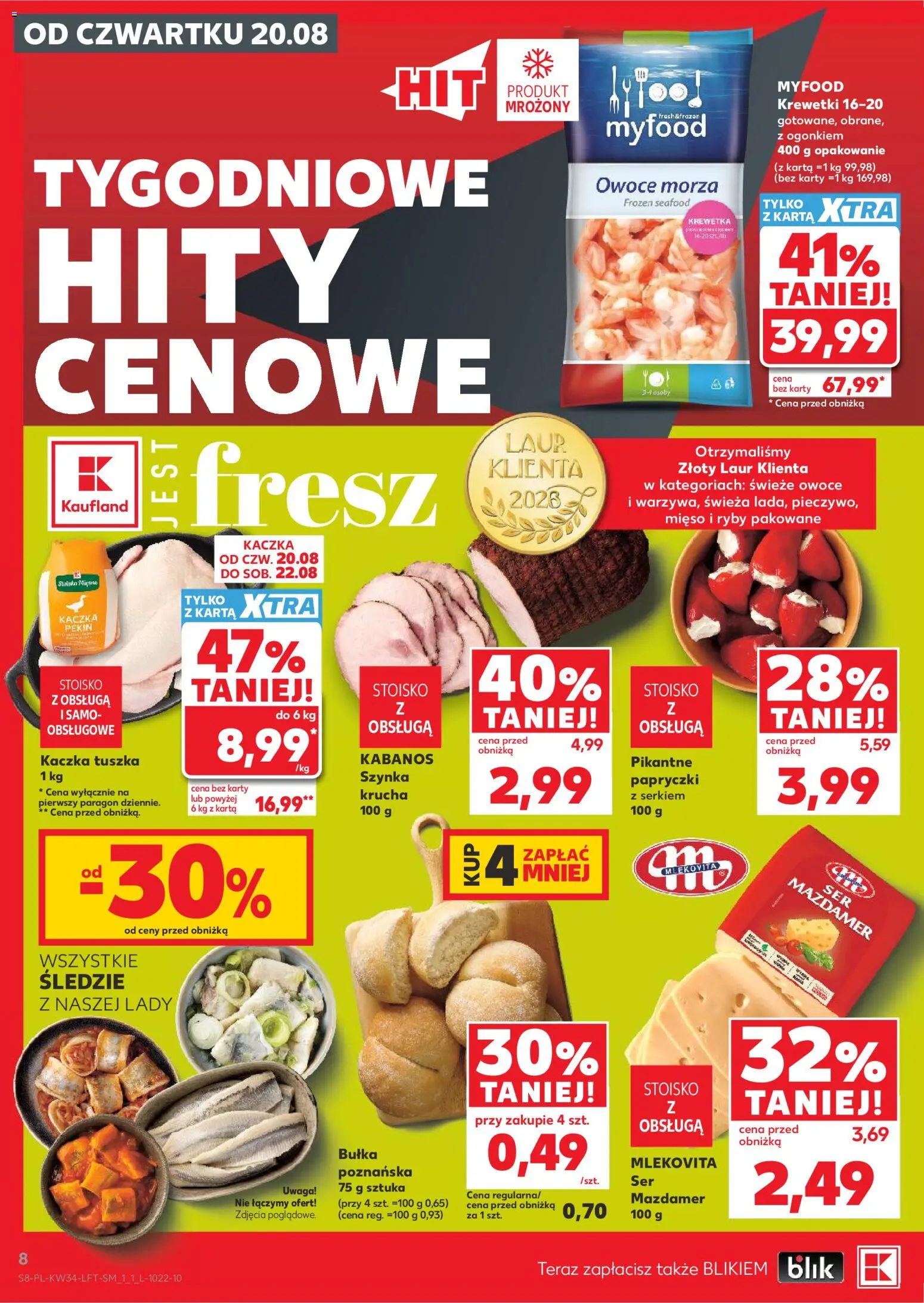 Kaufland Polsko leták - Mocny start od 20.08.2026 | Strana: 8 | Produkty: Ryby, Kabanos, Karty