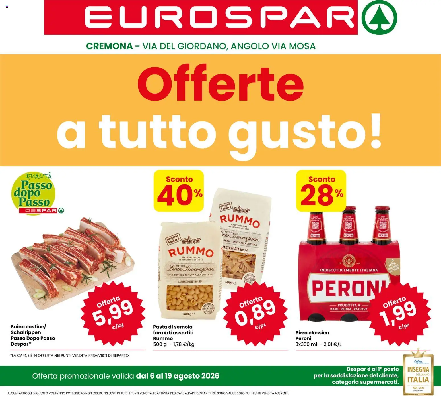 Volantino Eurospar del 06/08/2026 | Pagina: 1 | Prodotti: Birra, Pasta, Carne, Semola