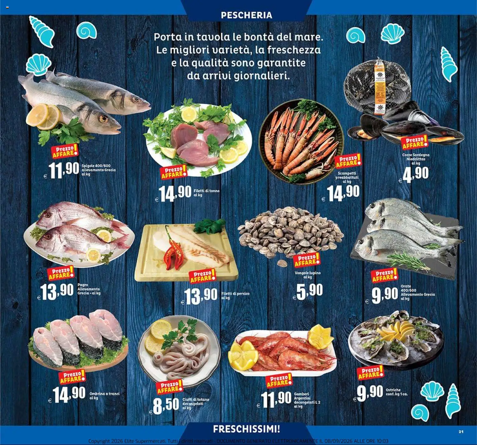 Volantino Elite Supermercati del 10/09/2026 | Pagina: 21 | Prodotti: Gamberi, Vongole, Tonno, Totano