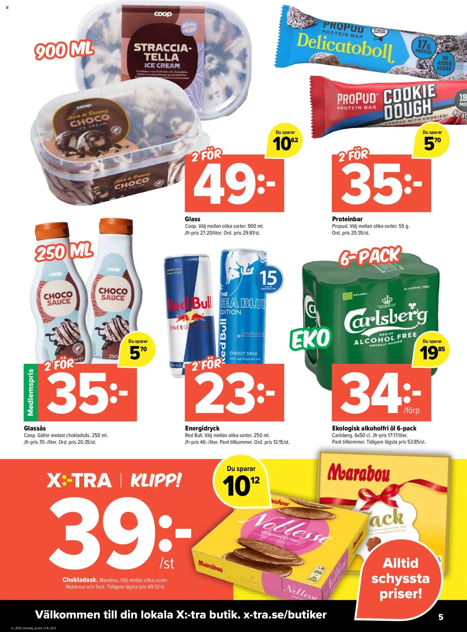Coop X:-TRA reklamblad aktuell från 08.06.2026 | Sida: 5 | Produkter: Red bull, Galler, Proteinbar, Glass