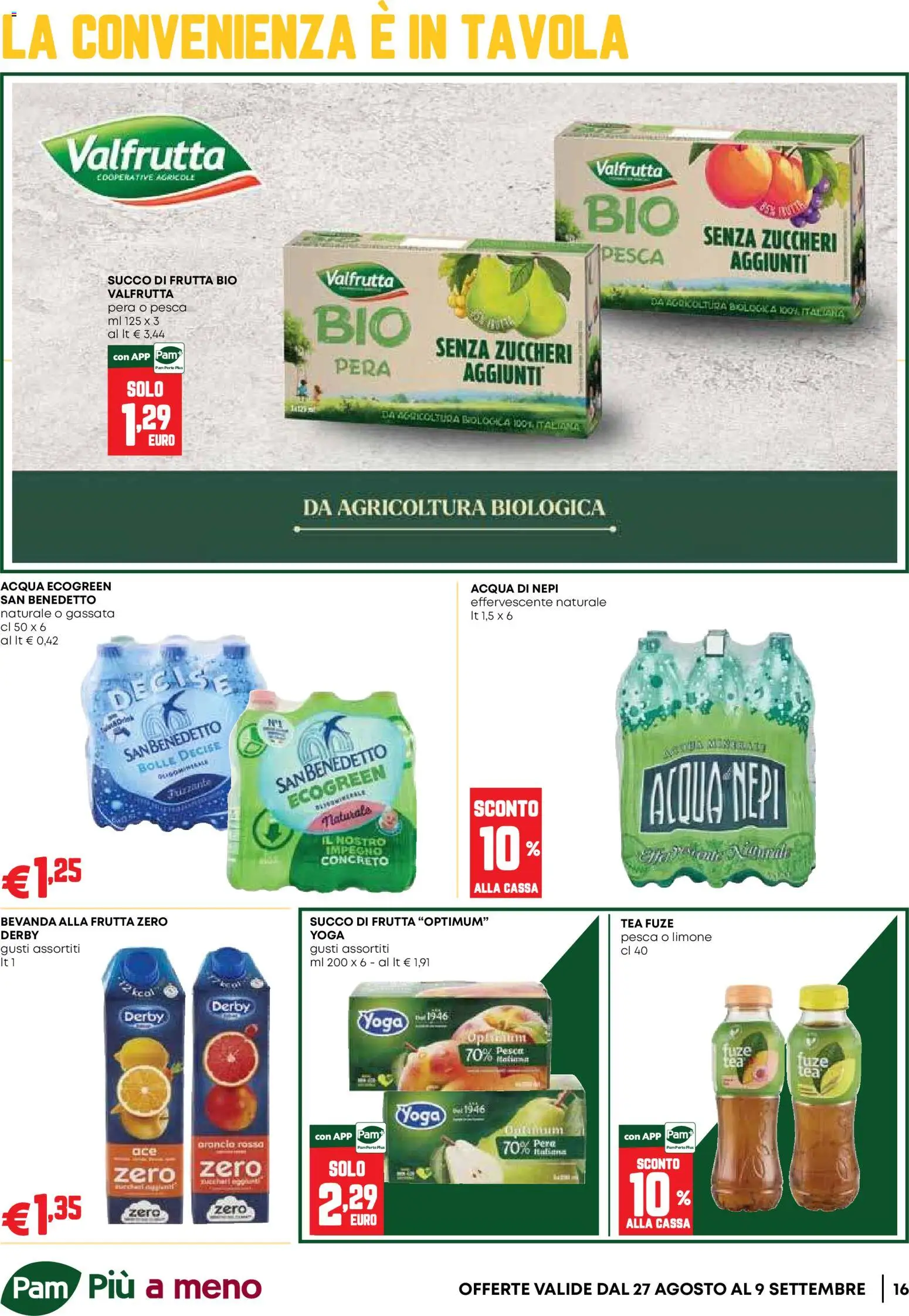 Volantino PAM del 27/08/2026 | Pagina: 16 | Prodotti: Acqua, Pera, Arancia, Succo di frutta