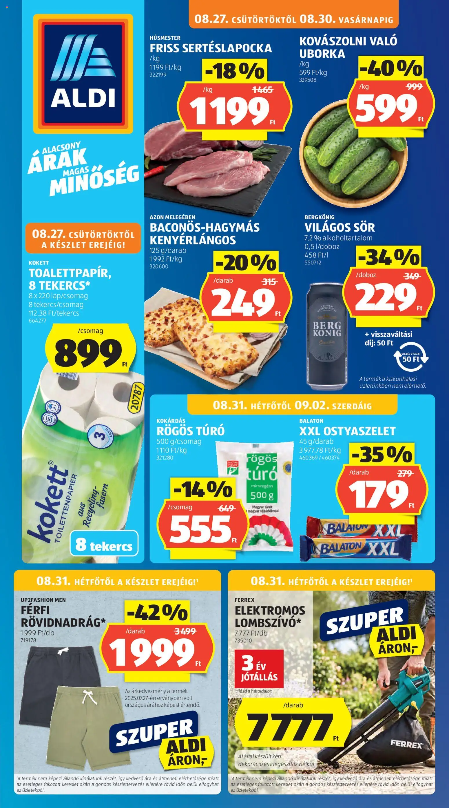 Aldi akciós ujság - amely érvényes a következő dátumtól: 2026.08.27. | Oldal: 1 | Termékek: Ferrex, Rögös túró, Kovászolni való uborka, Kenyérlángos