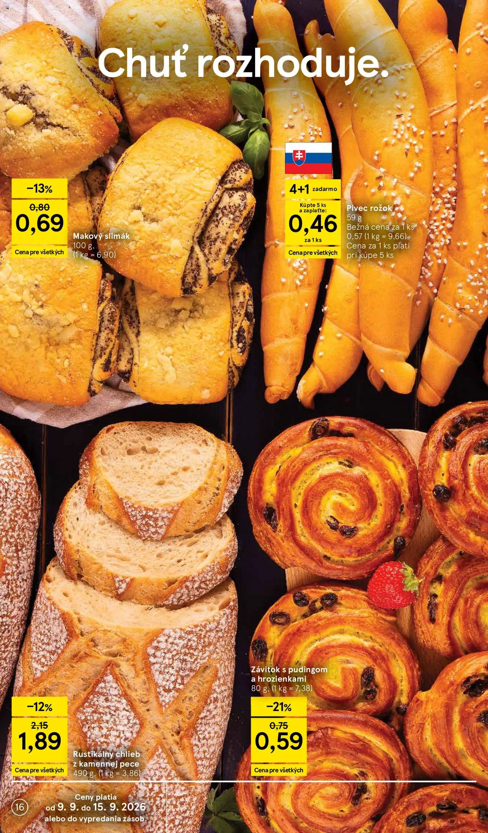 Nové Tesco akcie – leták je platný od 09.09.2026 | Strana: 16 | Produkty: Chlieb, Rožok