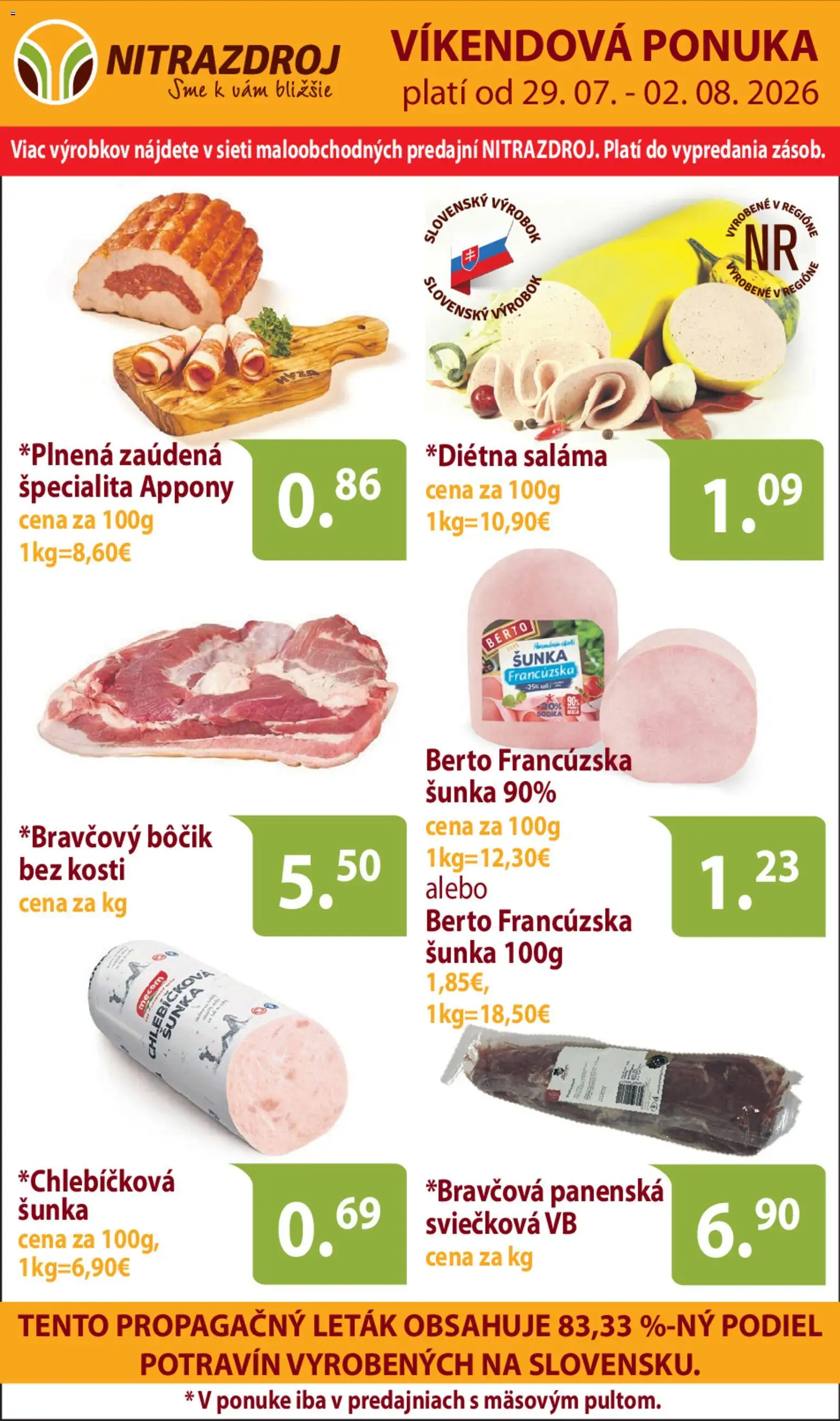 Nové Nitrazdroj akcie – leták je platný od 29.07.2026 | Strana: 1 | Produkty: Saláma, Šunka