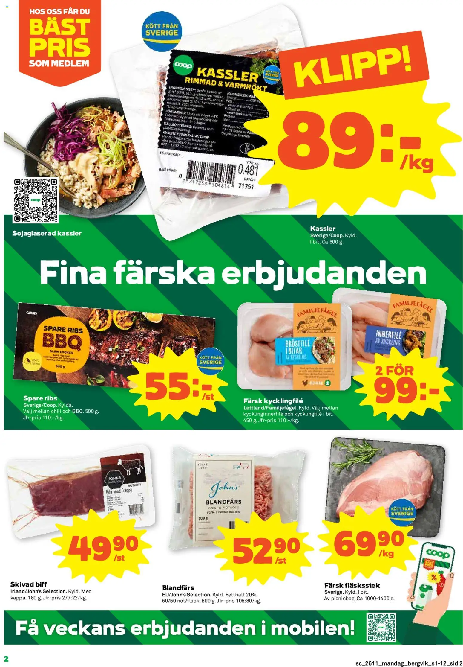 Stora Coop reklamblad aktuell från 09.03.2026 | Sida: 2 | Produkter: Kassler, Kycklingfile, Blandfärs, Kappa