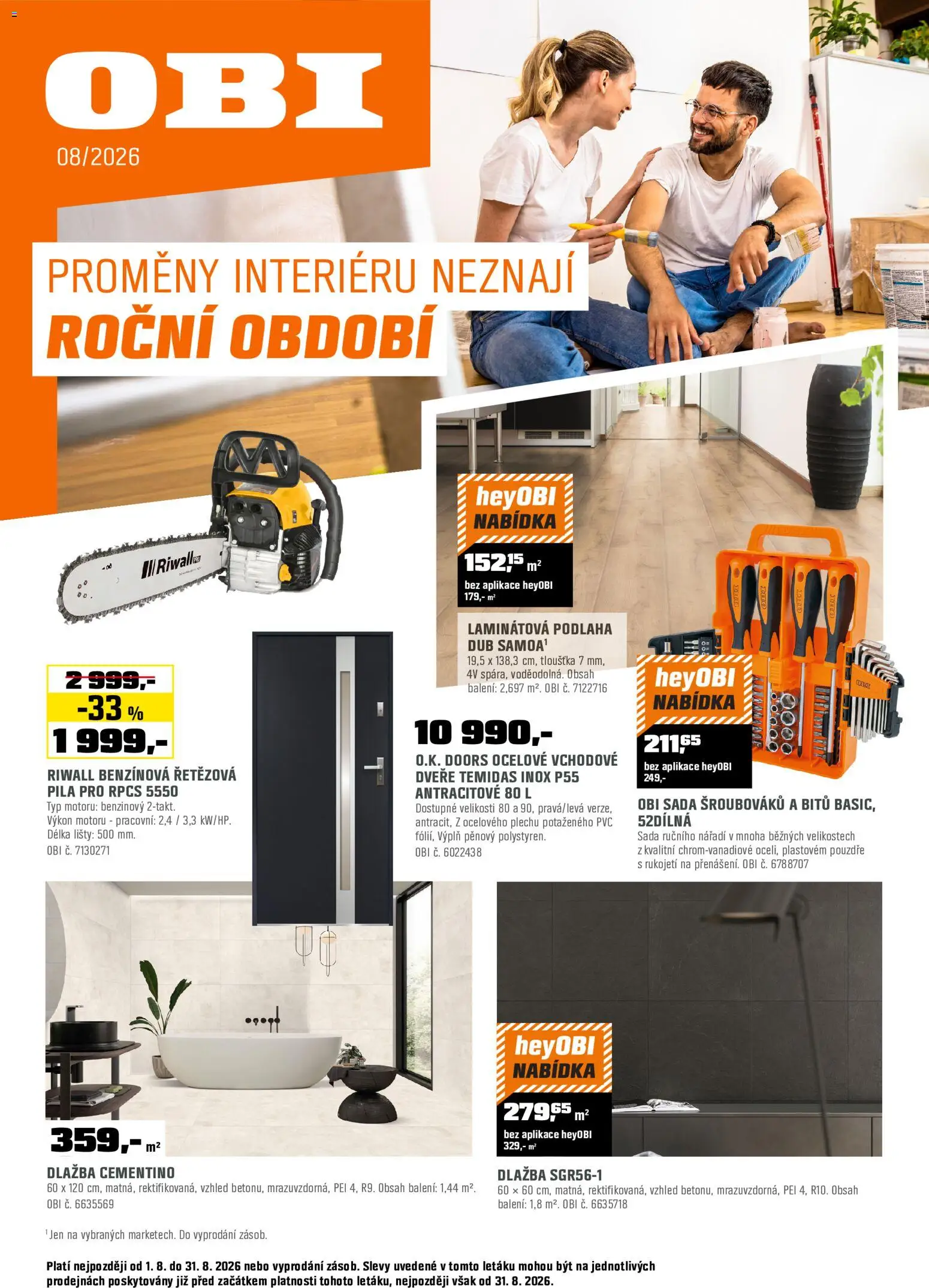 OBI leták - Proměny interiéru od 01.08.2026 | Strana: 1 | Produkty: Dlažba, Nářadí, Dveře, Pila