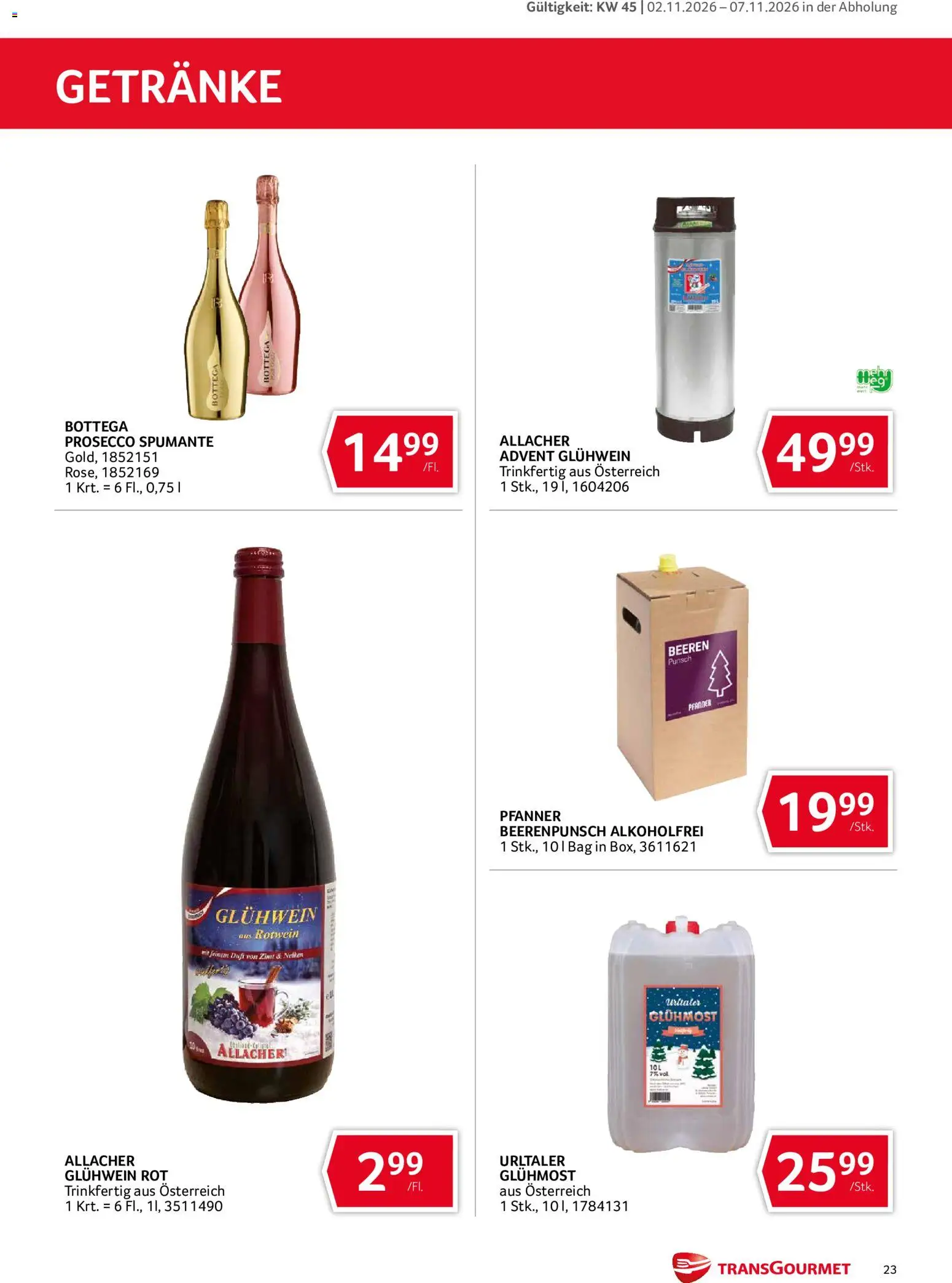 Transgourmet Abhol Aktion gültig ab 02.11.2026 | Seite: 23 | Produkte: Getränke, Rotwein, Prosecco, Duft