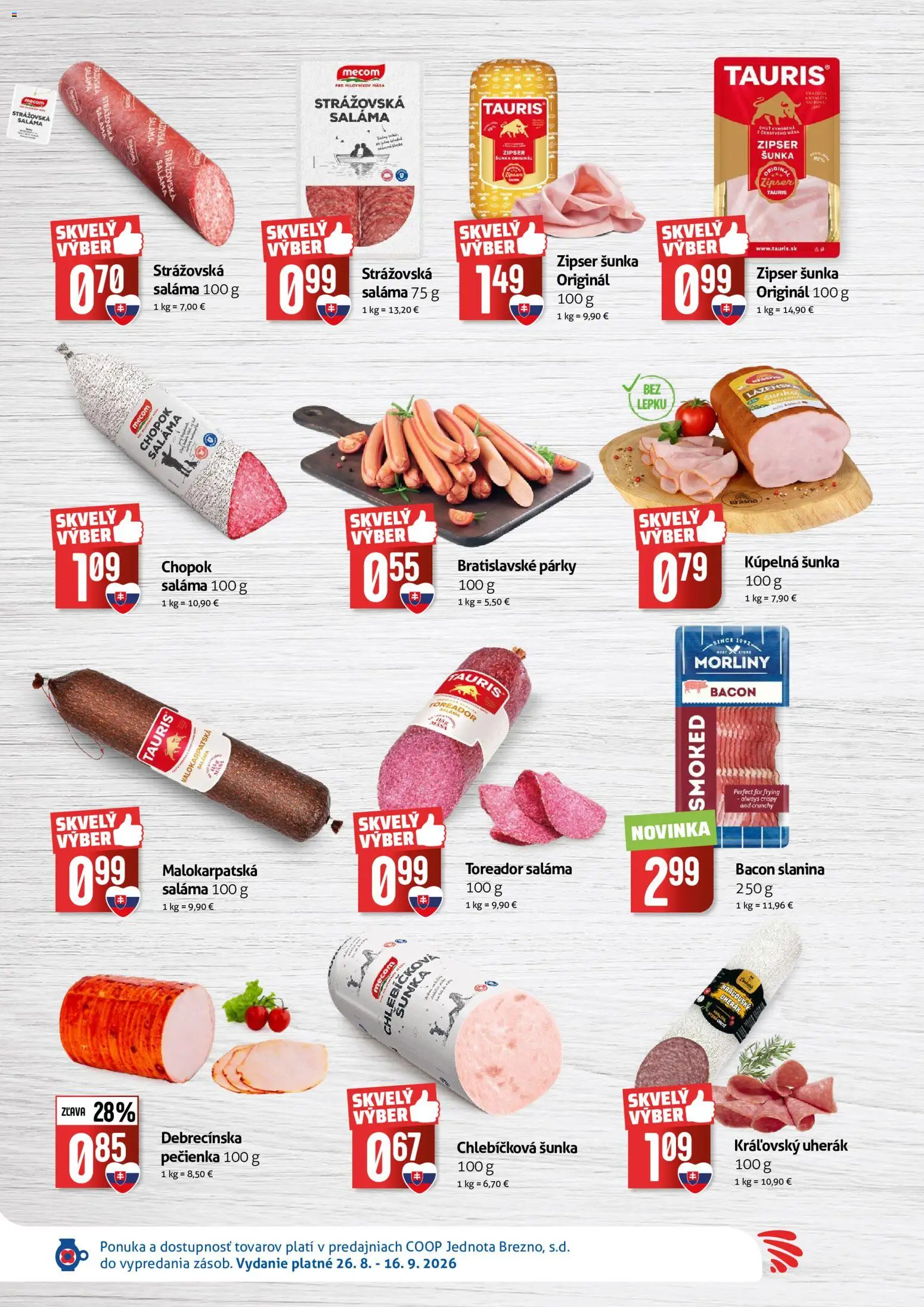 Nové COOP Jednota akcie – leták je platný od 26.08.2026 | Strana: 2 | Produkty: Kúpelňa, Šunka, Párky
