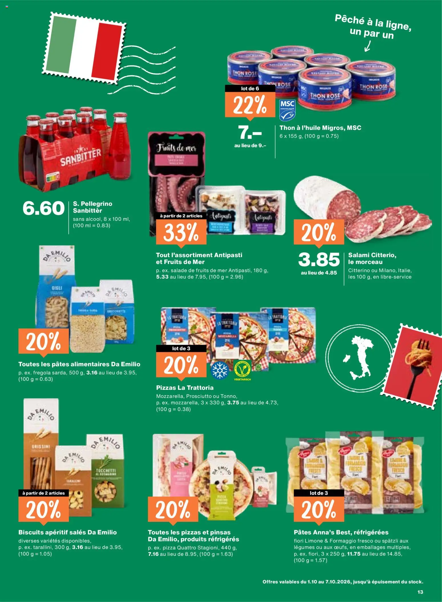 Migros aktionen FR – gültig ab 01.10.2026 | Seite: 13 | Produkte: Salami, Pizza, Pasta