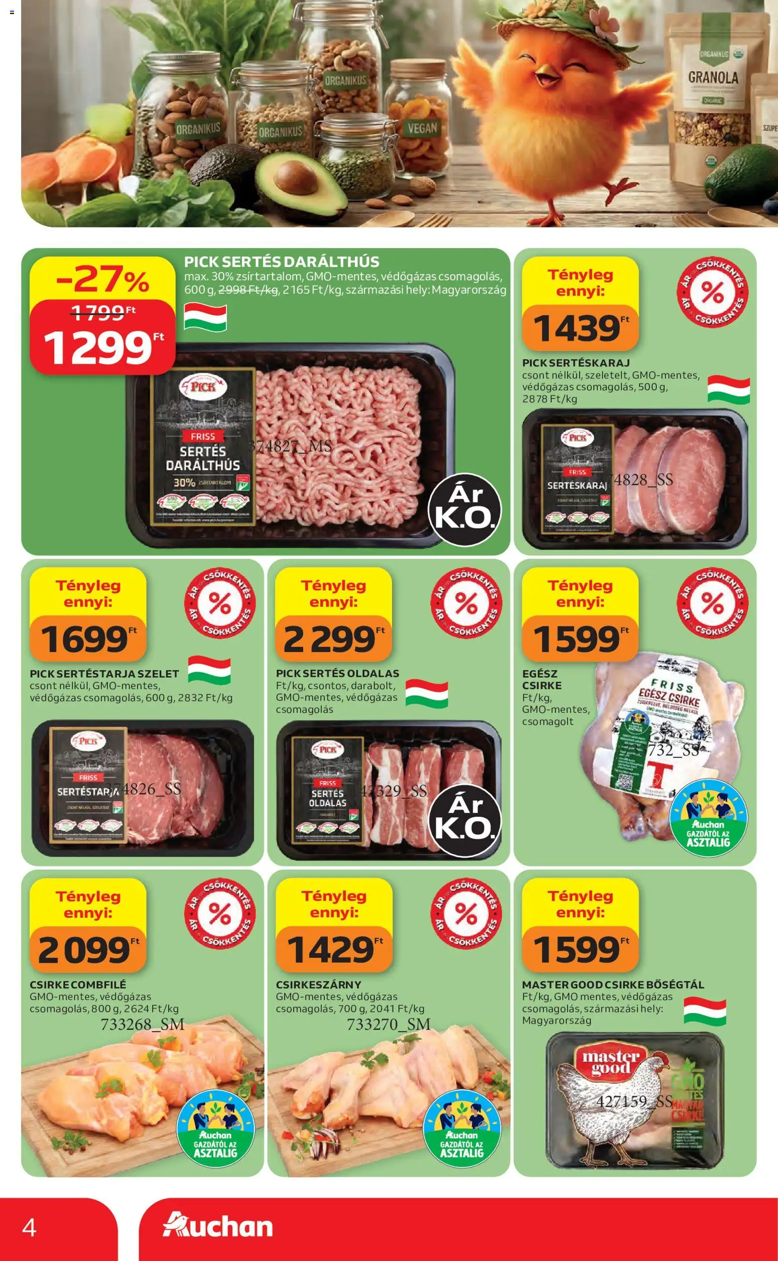 Auchan akciós ujság - amely érvényes a következő dátumtól: 2026.08.27. | Oldal: 4 | Termékek: Sertéstarja, Sertés oldalas, Csirke, Granola