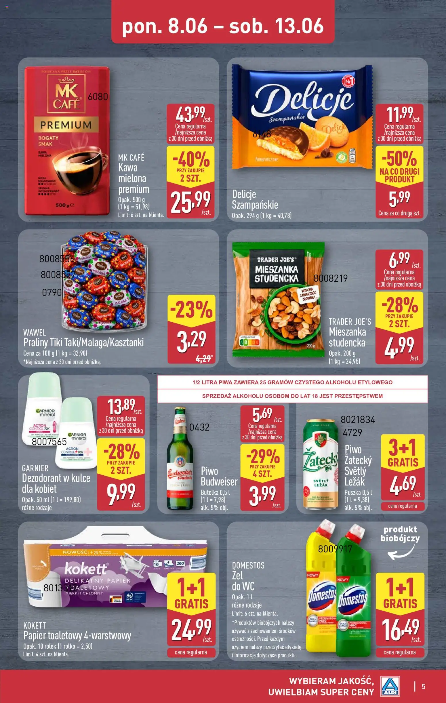 Aldi gazetka - Oferta weekendowa od 11.06.2026 | Strona: 5 | Produkty: Papier toaletowy, Praliny, Domestos, Kawa