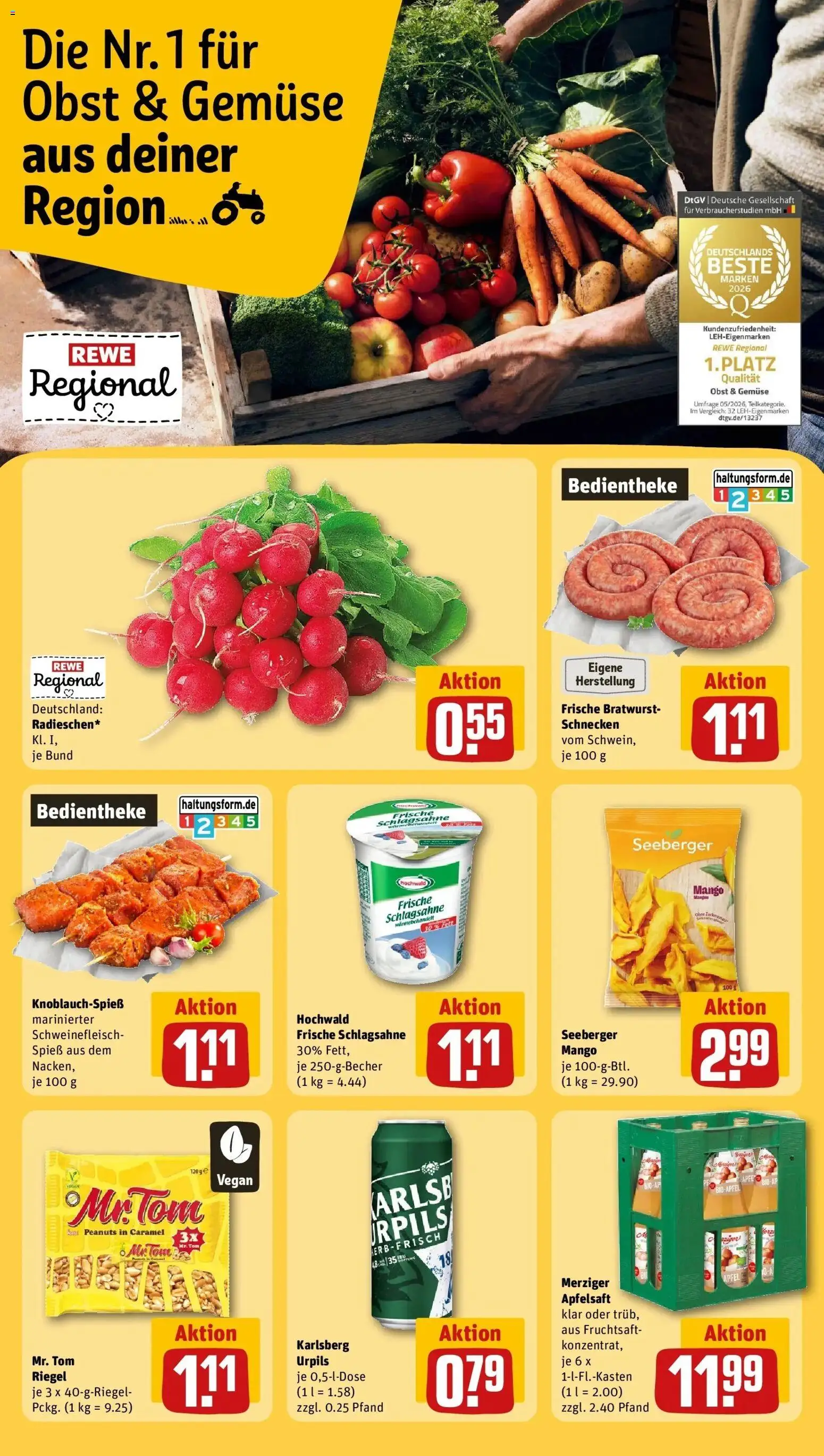 REWE Prospekt ab 07.09.2026 zum Blättern » Angebote | Seite: 15 | Produkte: Schlagsahne, Bratwurst, Apfelsaft, Gemüse