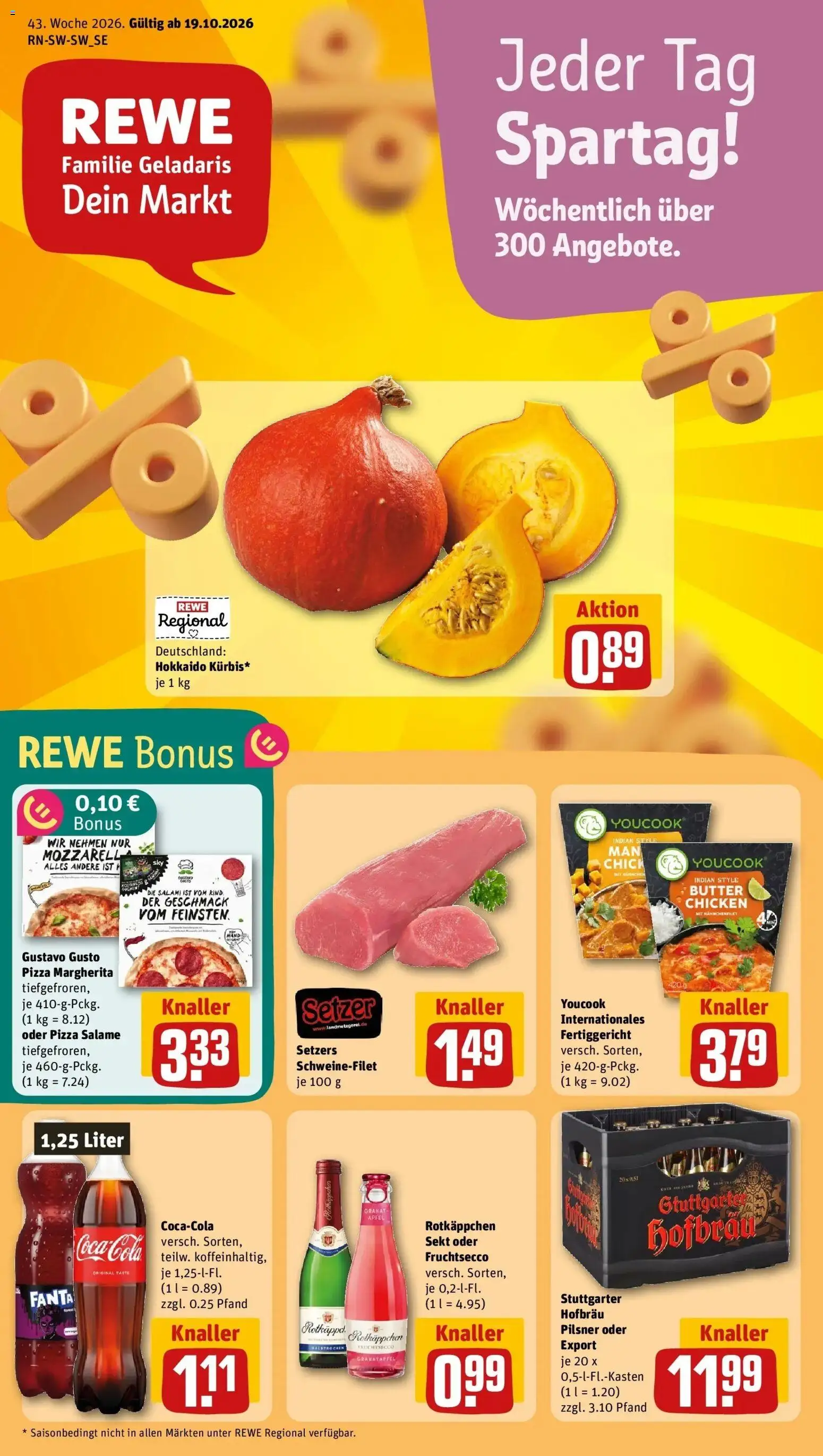 REWE Prospekt ab 19.10.2026 zum Blättern » Angebote | Seite: 1 | Produkte: Youcook, Granatapfel, Fruchtsecco, Pizza