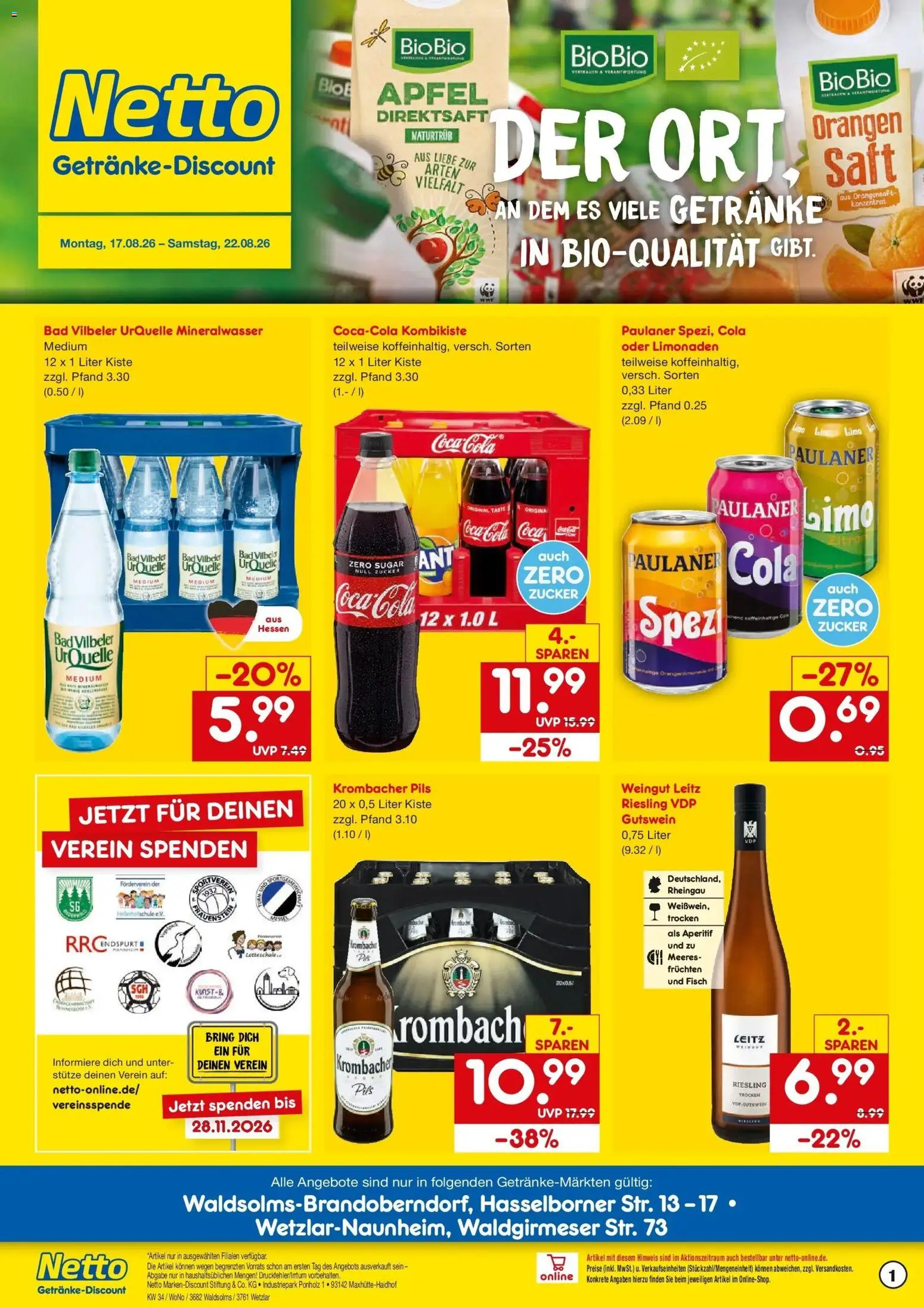 Netto Marken-Discount Prospekt Wetzlar-Naunheim – gültig ab 17.08.2026 | Seite: 1 | Produkte: Cola, Orangen, Mineralwasser, Fisch