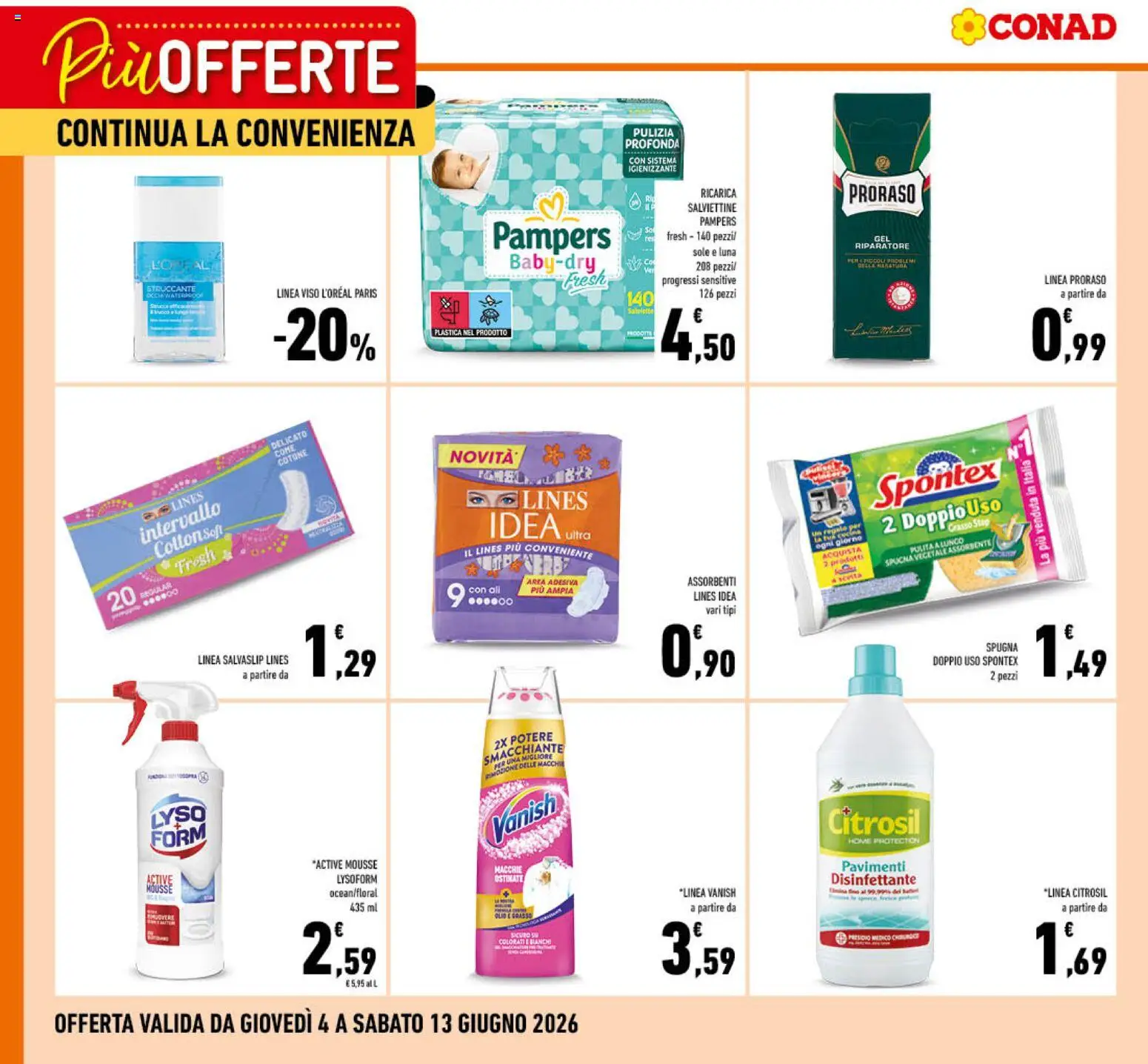Volantino Conad del 04.06.2026 | Pagina: 3 | Prodotti: Spugna, Struccante, Pampers