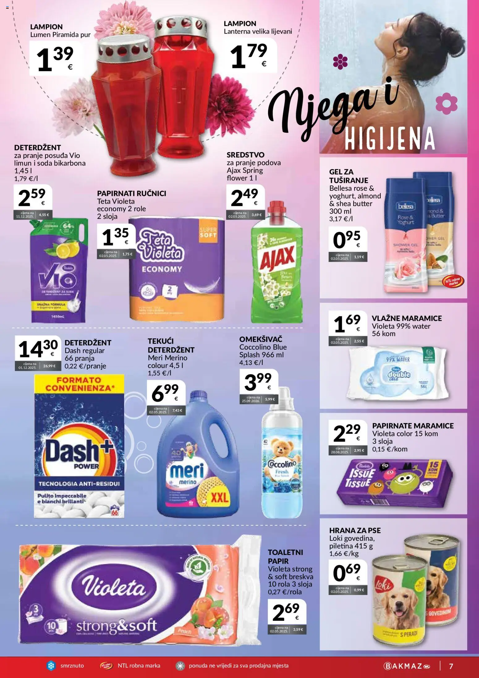 Bakmaz katalog | vrijedi od 28.10.2026 | Stranica: 7 | Proizvodi: Vlažne maramice, Deterdžent za pranje posuđa, Violeta, Dash